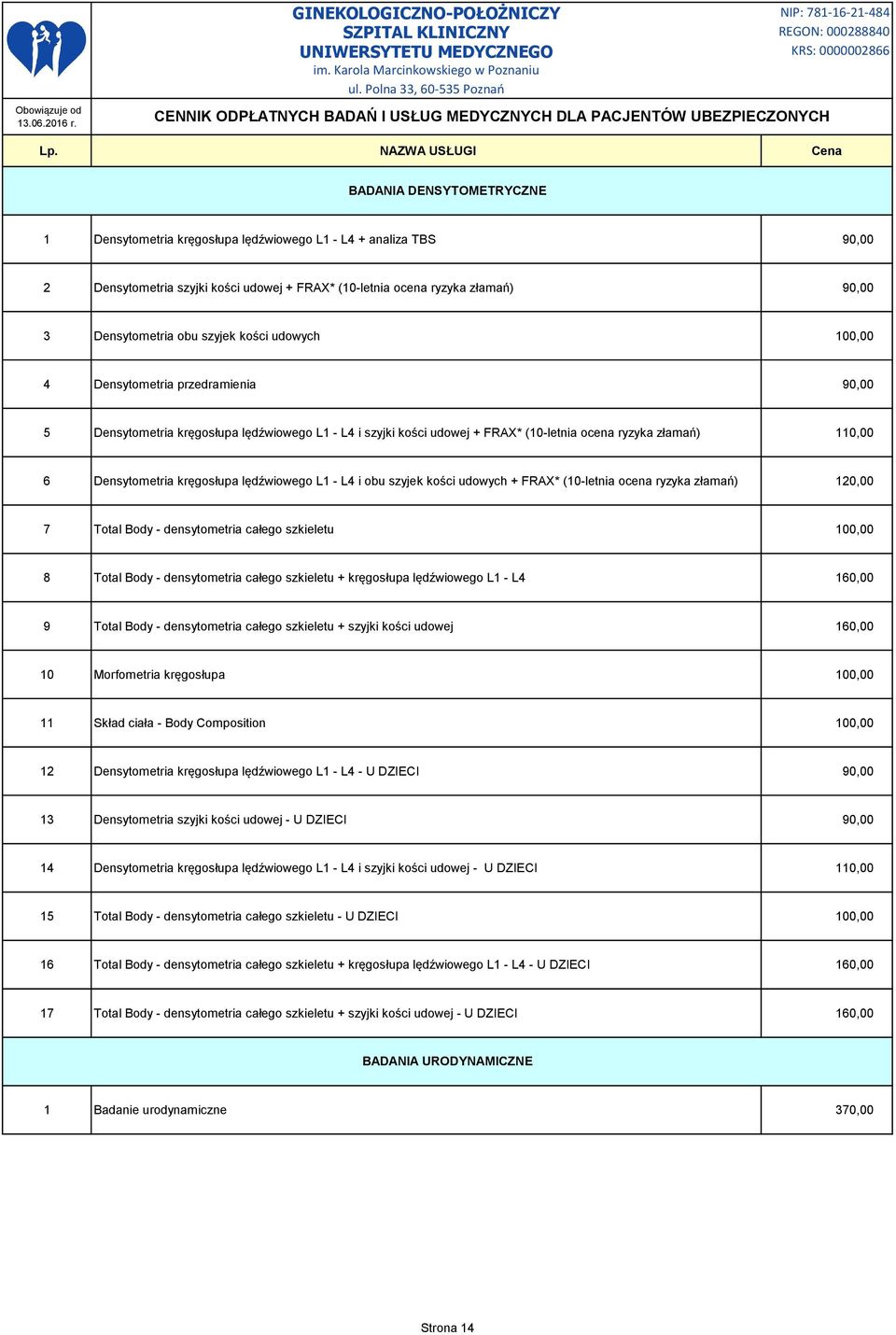 kręgosłupa lędźwiowego L1 - L4 i obu szyjek kości udowych + FRAX* (10-letnia ocena ryzyka złamań) 120,00 7 Total Body - densytometria całego szkieletu 100,00 8 Total Body - densytometria całego