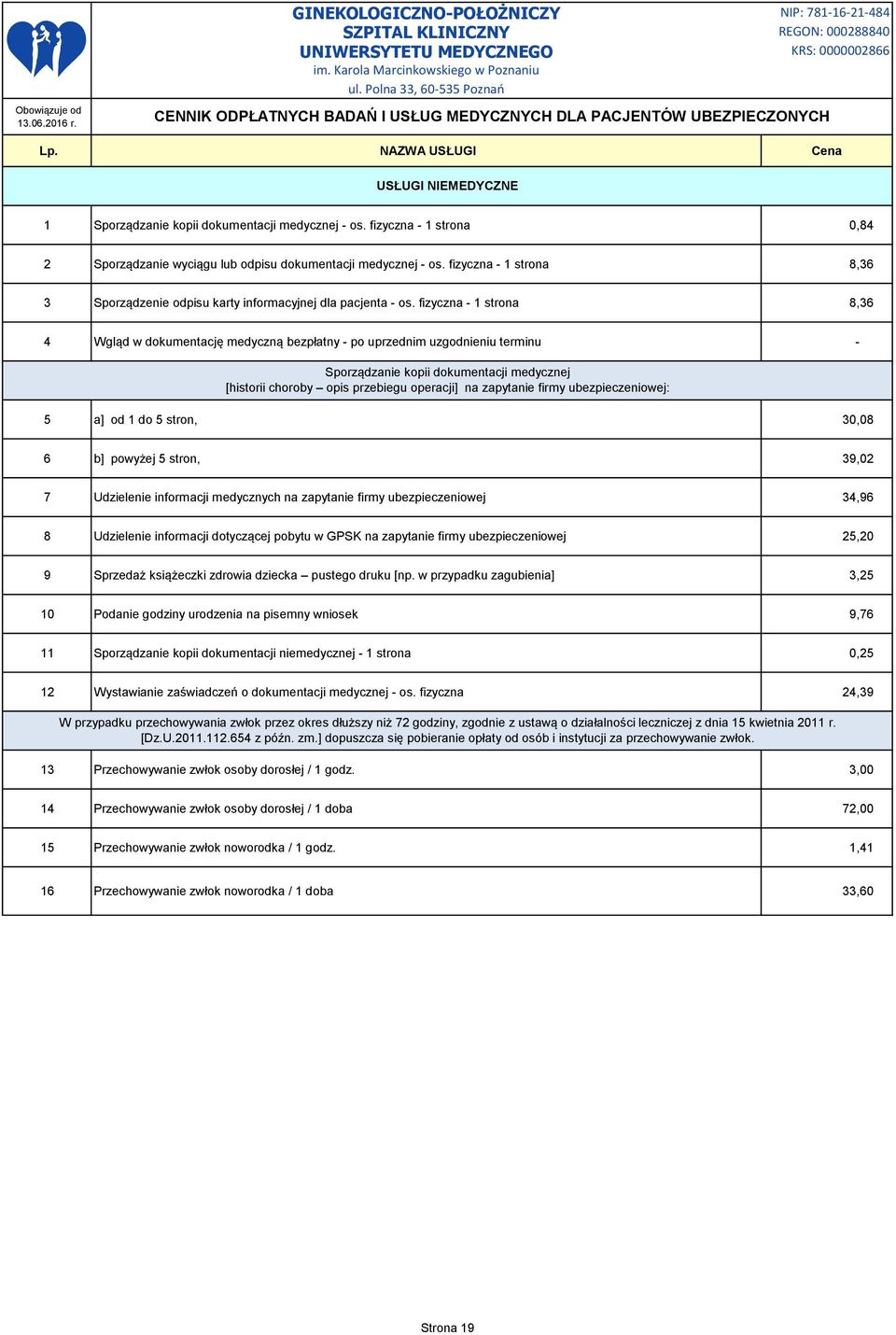 fizyczna - 1 strona 8,36 4 Wgląd w dokumentację medyczną bezpłatny - po uprzednim uzgodnieniu terminu - Sporządzanie kopii dokumentacji medycznej [historii choroby opis przebiegu operacji] na