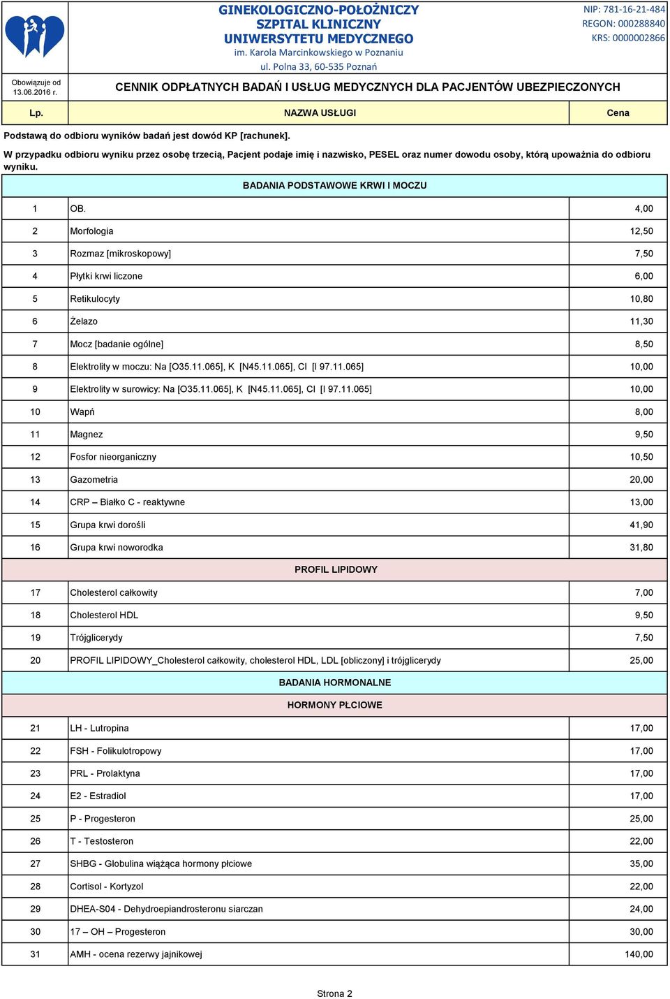 4,00 2 Morfologia 12,50 3 Rozmaz [mikroskopowy] 7,50 4 Płytki krwi liczone 6,00 5 Retikulocyty 10,80 6 Żelazo 11,30 7 Mocz [badanie ogólne] 8,50 8 Elektrolity w moczu: Na [O35.11.065], K [N45.11.065], Cl [I 97.