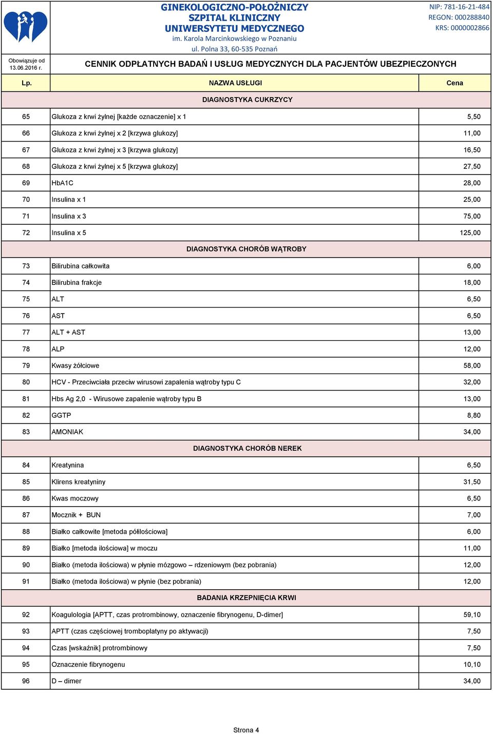 75 ALT 6,50 76 AST 6,50 77 ALT + AST 13,00 78 ALP 12,00 79 Kwasy żółciowe 58,00 80 HCV - Przeciwciała przeciw wirusowi zapalenia wątroby typu C 32,00 81 Hbs Ag 2,0 - Wirusowe zapalenie wątroby typu B