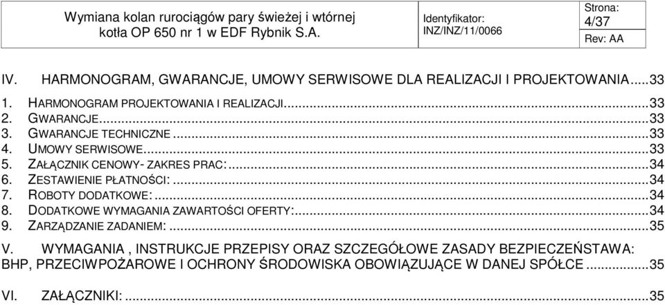 .. 34 7. ROBOTY DODATKOWE:... 34 8. DODATKOWE WYMAGANIA ZAWARTOŚCI OFERTY:... 34 9. ZARZĄDZANIE ZADANIEM:... 35 V.