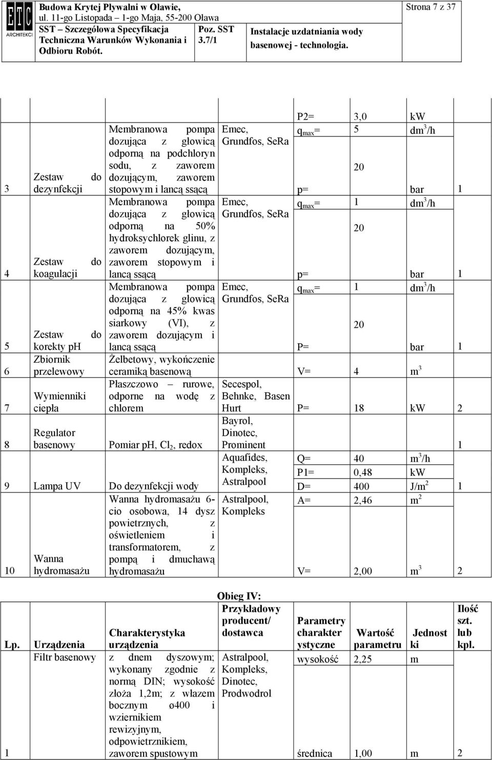 odporną na 50% hydroksychlorek glinu, z 20 zaworem dozującym, do zaworem stopowym i lancą ssącą p= bar 1 Membranowa pompa Emec, q max = 1 dm 3 /h dozująca z głowicą Grundfos, SeRa odporną na 45% kwas