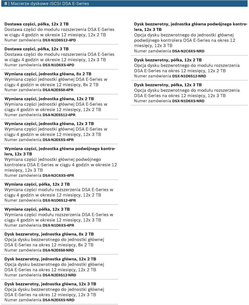 jednostka główna, 8x 2 TB Wymiana części jednostki głównej DSA E Series w ciągu 4 godzin w okresie 12 miesięcy, 8x 2 TB Numer zamówienia DSA-N2E6S8-4PR Wymiana części, jednostka główna, 12x 2 TB
