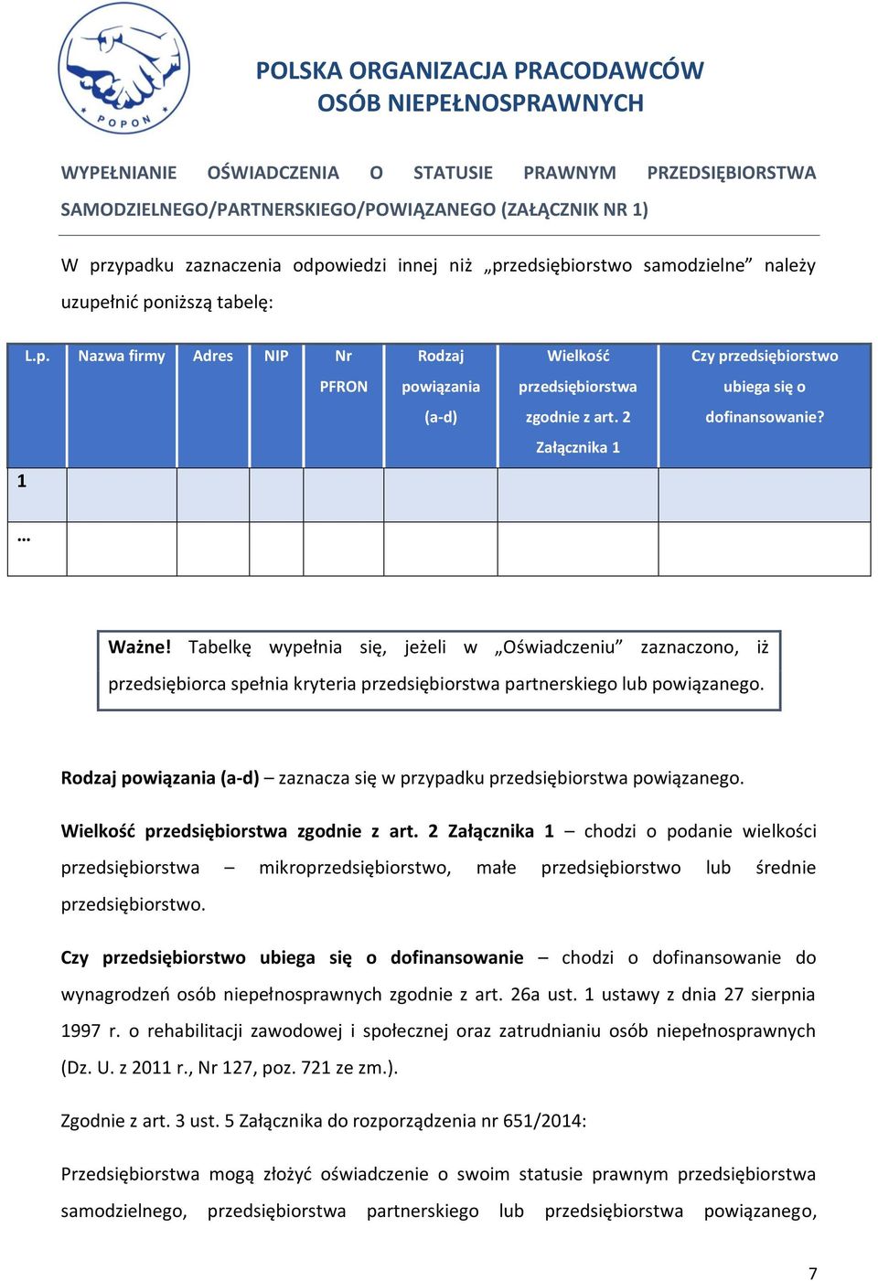 Załącznika 1 1 Ważne! Tabelkę wypełnia się, jeżeli w Oświadczeniu zaznaczono, iż przedsiębiorca spełnia kryteria przedsiębiorstwa partnerskiego lub powiązanego.