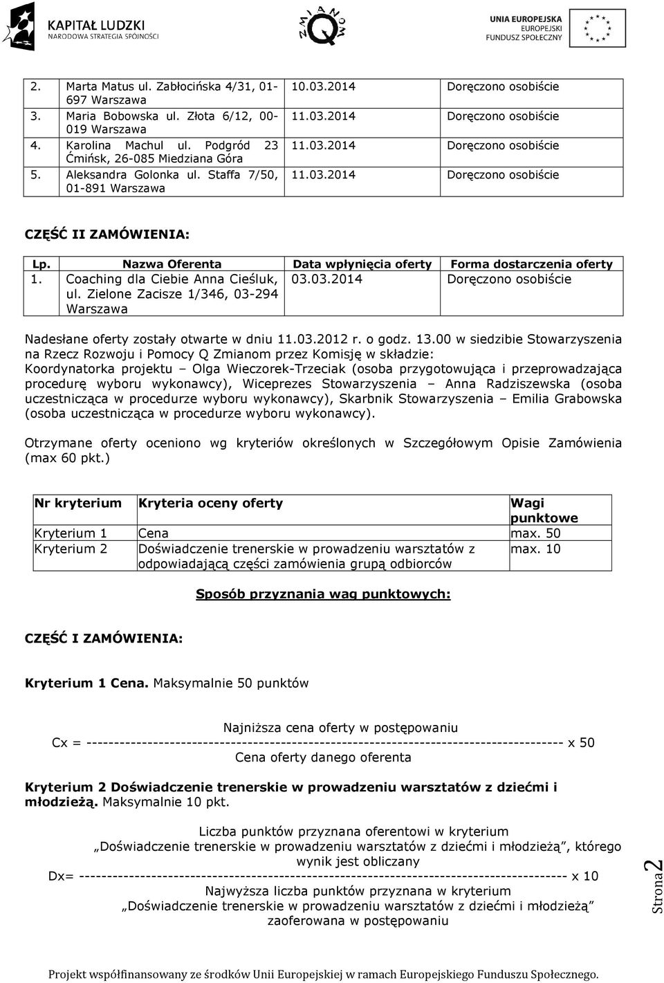 Nazwa Oferenta Data wpłynięcia oferty Forma dostarczenia oferty 1. Coaching dla Ciebie Anna Cieśluk, 03.03.2014 Doręczono osobiście ul.