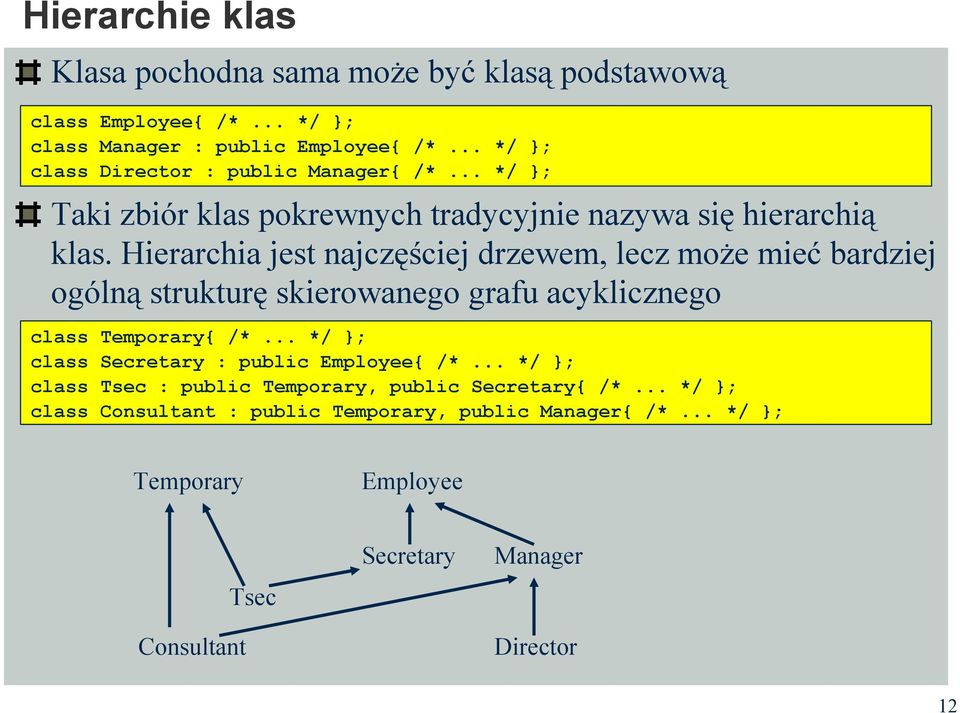 Hierarchia jest najczęściej drzewem, lecz może mieć bardziej ogólną strukturę skierowanego grafu acyklicznego class Temporary /*.