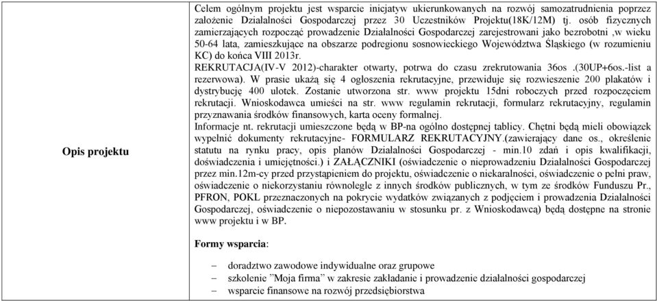 Śląskiego (w rozumieniu KC) do końca VIII 2013r. REKRUTACJA(IV-V 2012)-charakter otwarty, potrwa do czasu zrekrutowania 36os.(30UP+6os.-list a rezerwowa).