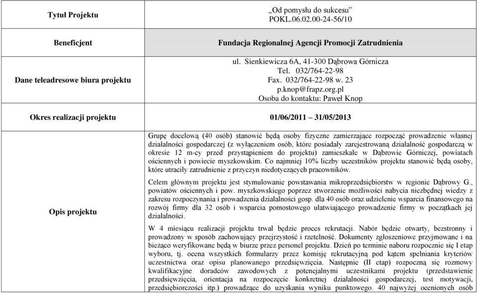 działalności gospodarczej (z wyłączeniem osób, które posiadały zarejestrowaną działalność gospodarczą w okresie 12 m-cy przed przystąpieniem do projektu) zamieszkałe w Dąbrowie Górniczej, powiatach