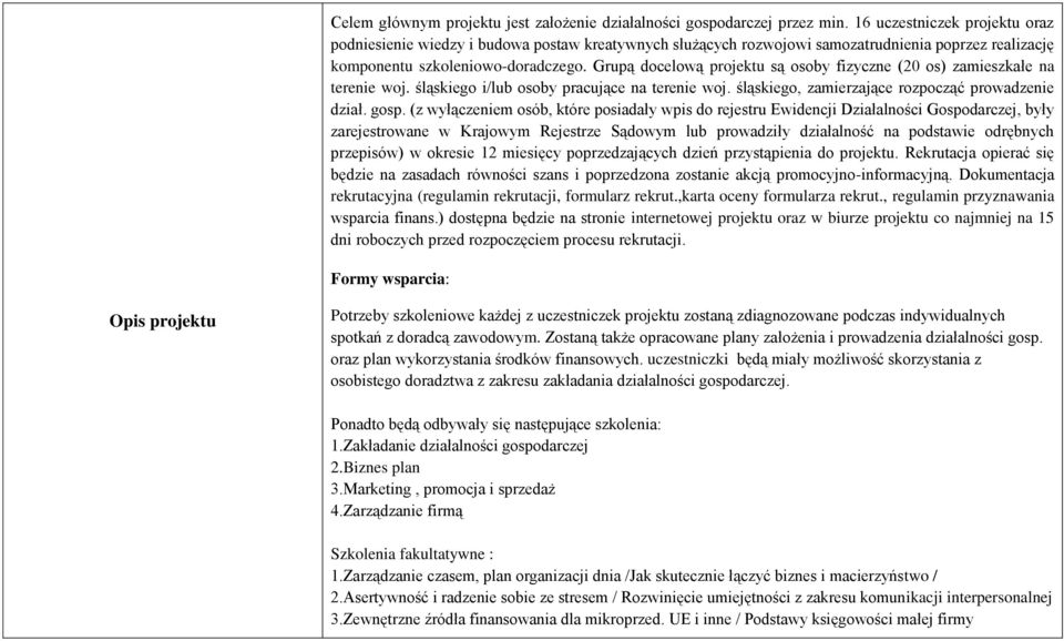 Grupą docelową projektu są osoby fizyczne (20 os) zamieszkałe na terenie woj. śląskiego i/lub osoby pracujące na terenie woj. śląskiego, zamierzające rozpocząć prowadzenie dział. gosp.