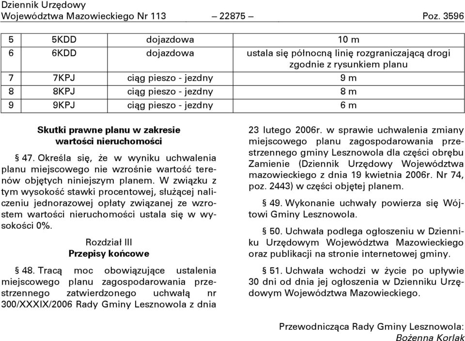 pieszo - jezdny 6 m Skutki prawne planu w zakresie wartości nieruchomości 47. OkreŌla siň, Őe w wyniku uchwalenia planu miejscowego nie wzroōnie wartoōń terenów objňtych niniejszym planem.