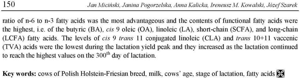 The levels of cis 9 trans 11 conjugated linoleic (CLA) and trans 10+11 vaccenic (TVA) acids were the lowest during the lactation yield peak and they increased as the