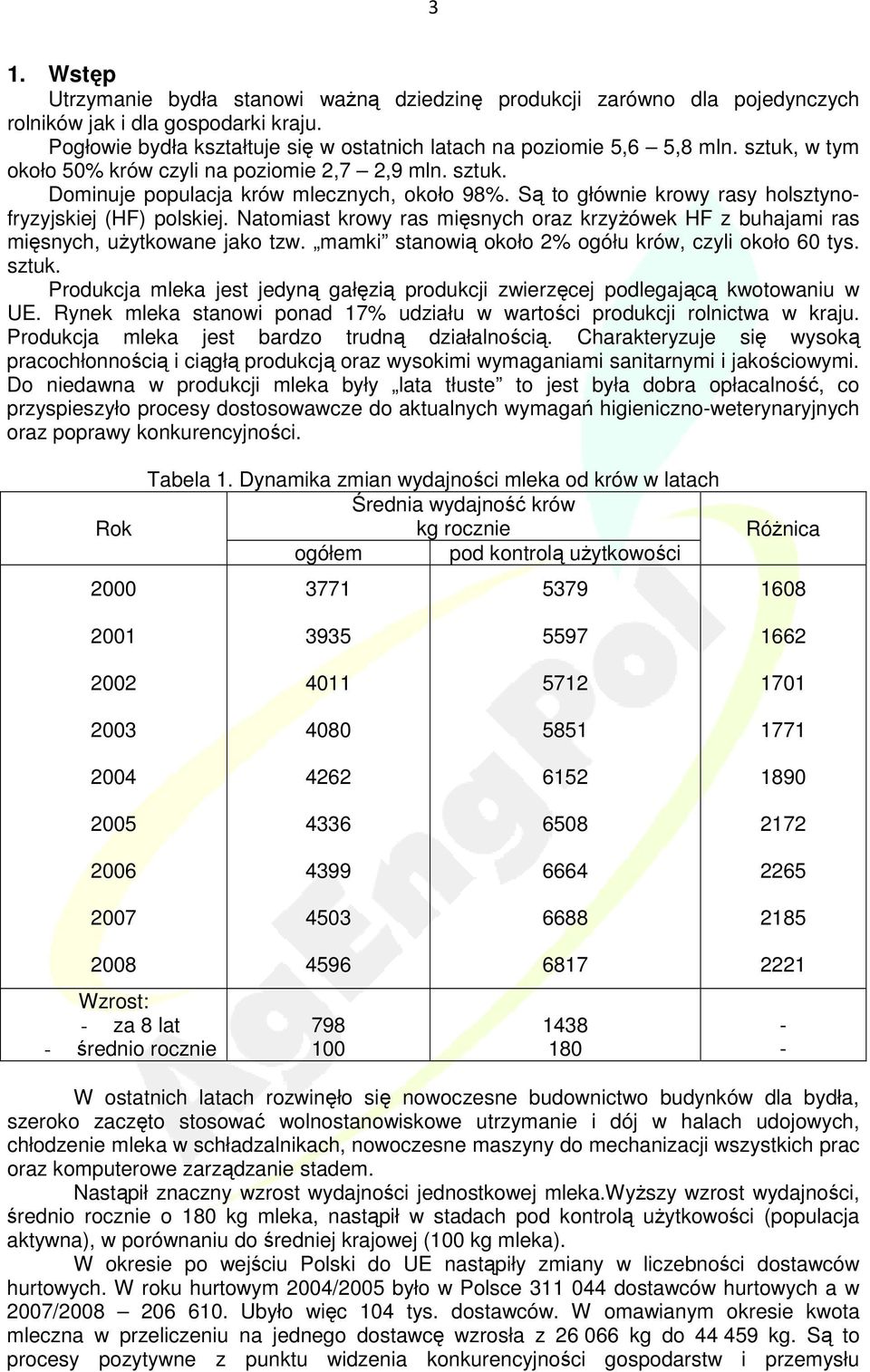 Natomiast krowy ras mięsnych oraz krzyŝówek HF z buhajami ras mięsnych, uŝytkowane jako tzw. mamki stanowią około 2% ogółu krów, czyli około 60 tys. sztuk.