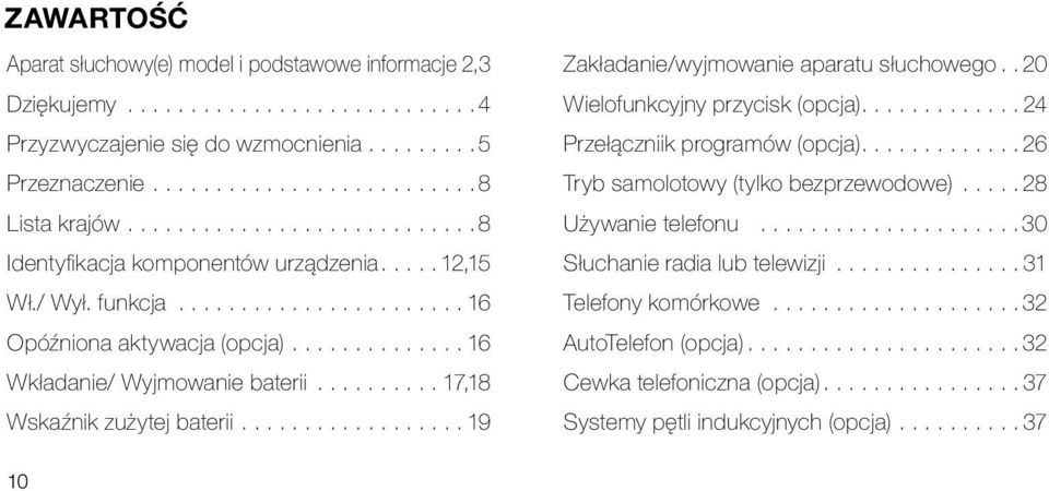 .. 19 Zakładanie/wyjmowanie aparatu słuchowego. 20 Wielofunkcyjny przycisk (opcja).... 24 Przełączniik programów (opcja).... 26 Tryb samolotowy (tylko bezprzewodowe).