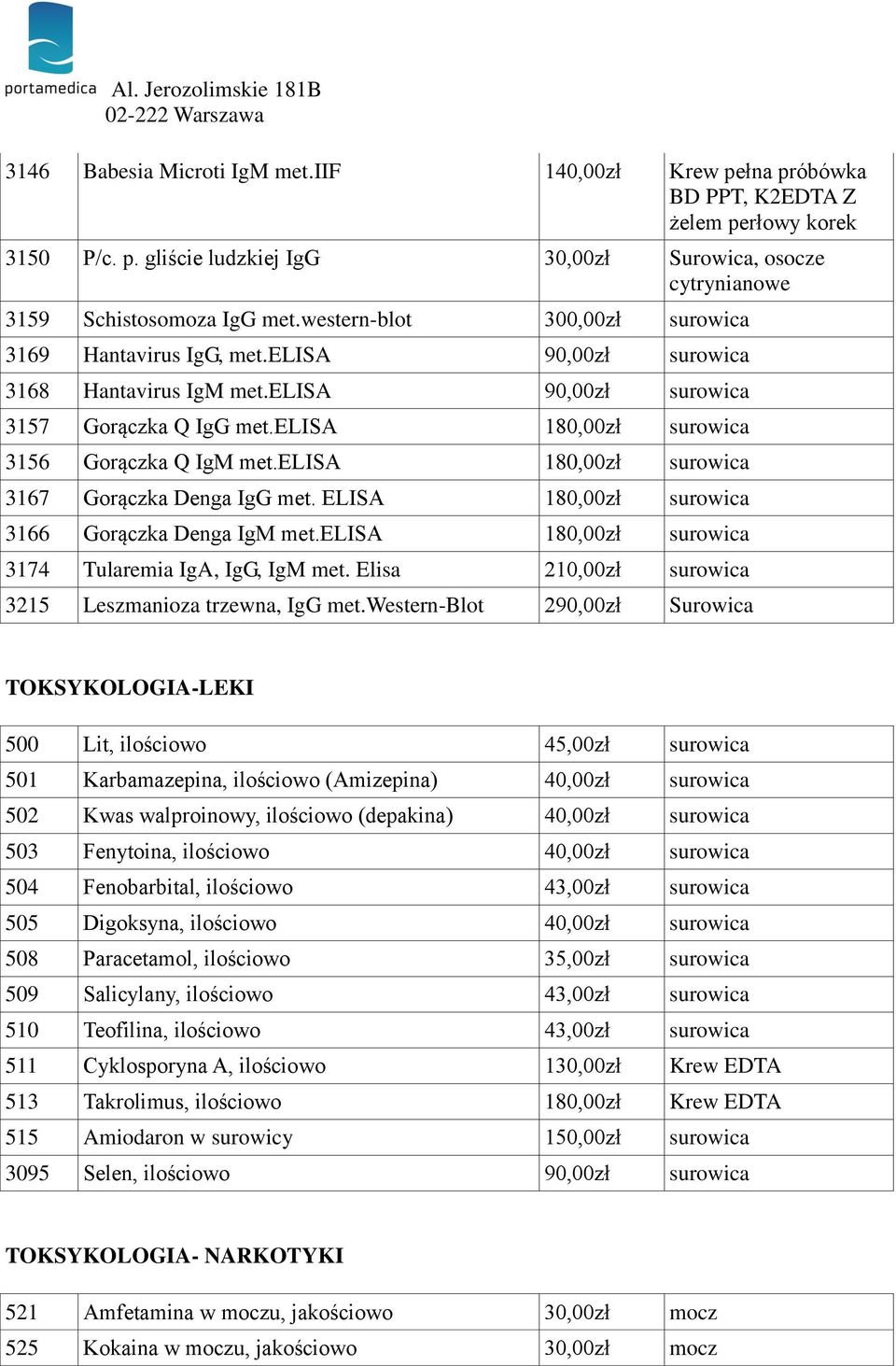 ELISA 180,00zł 3166 Gorączka Denga IgM 180,00zł 3174 Tularemia IgA, IgG, IgM met. Elisa 210,00zł 3215 Leszmanioza trzewna, IgG met.