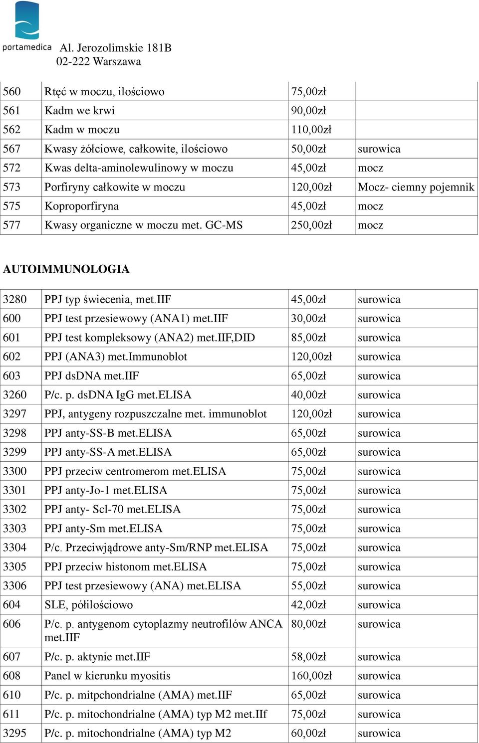 iif 45,00zł 600 PPJ test przesiewowy (ANA1) met.iif 30,00zł 601 PPJ test kompleksowy (ANA2) met.iif,did 85,00zł 602 PPJ (ANA3) met.immunoblot 120,00zł 603 PPJ dsdna met.iif 65,00zł 3260 P/c. p. dsdna IgG 40,00zł 3297 PPJ, antygeny rozpuszczalne met.