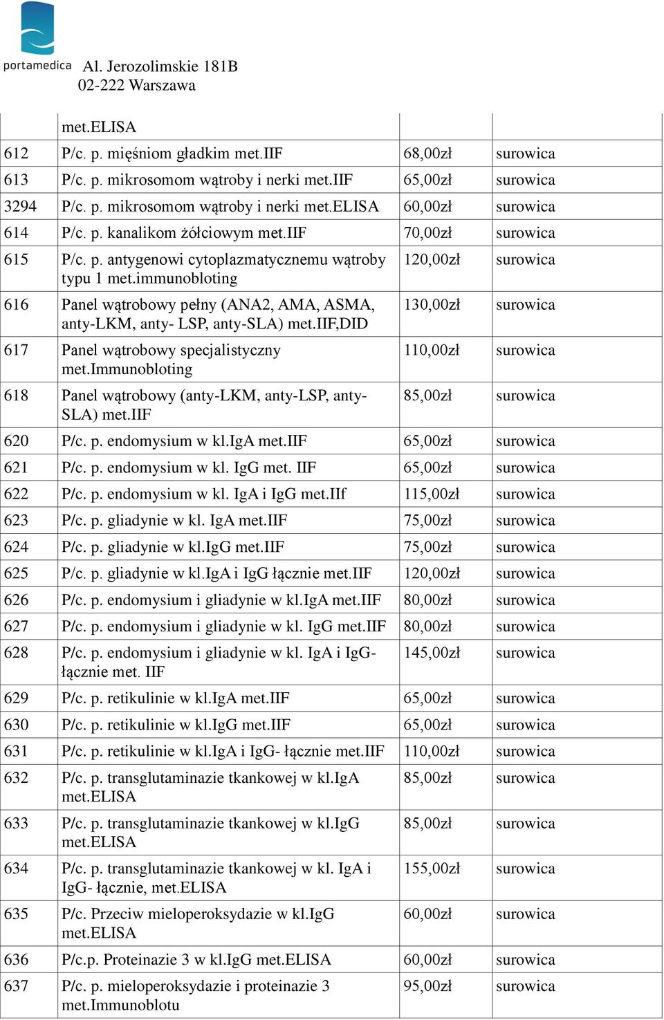 iif,did 617 Panel wątrobowy specjalistyczny met.immunobloting 618 Panel wątrobowy (anty-lkm, anty-lsp, anty- SLA) met.iif 120,00zł 130,00zł 110,00zł 85,00zł 620 P/c. p. endomysium w kl.iga met.