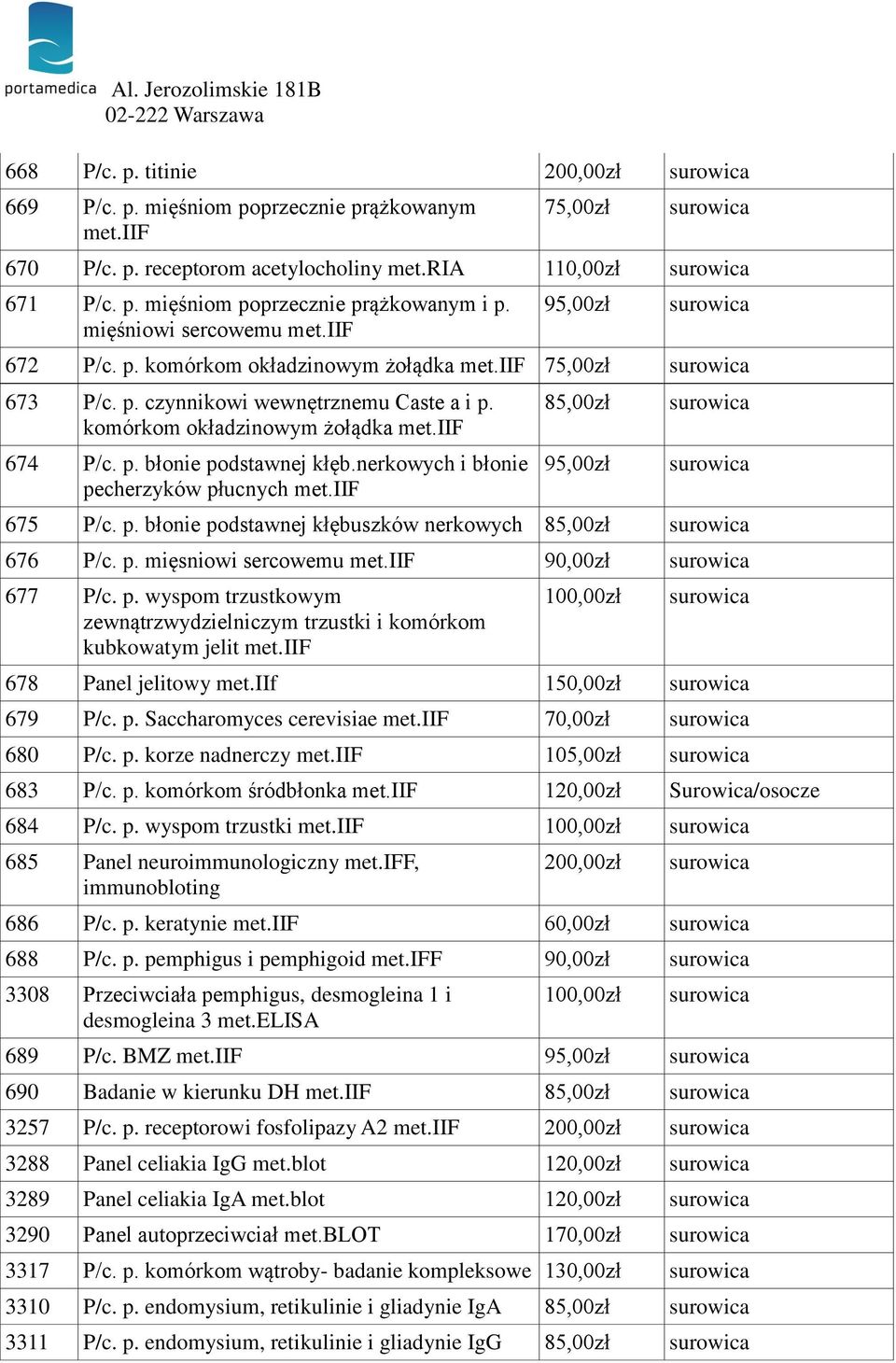 nerkowych i błonie pecherzyków płucnych met.iif 85,00zł 95,00zł 675 P/c. p. błonie podstawnej kłębuszków nerkowych 85,00zł 676 P/c. p. mięsniowi sercowemu met.iif 90,00zł 677 P/c. p. wyspom trzustkowym zewnątrzwydzielniczym trzustki i komórkom kubkowatym jelit met.