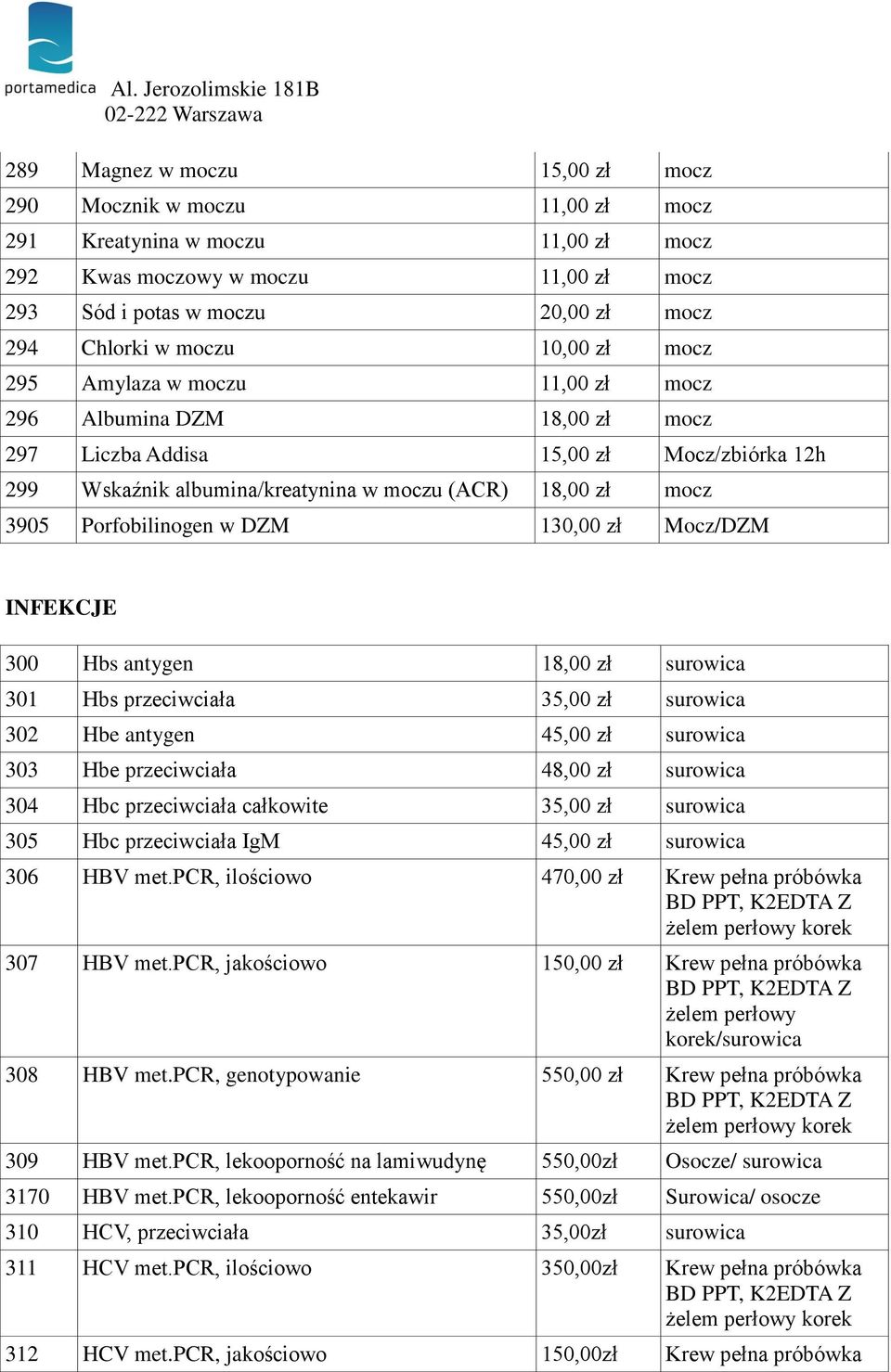 Porfobilinogen w DZM 130,00 zł Mocz/DZM INFEKCJE 300 Hbs antygen 18,00 zł 301 Hbs przeciwciała 35,00 zł 302 Hbe antygen 45,00 zł 303 Hbe przeciwciała 48,00 zł 304 Hbc przeciwciała całkowite 35,00 zł