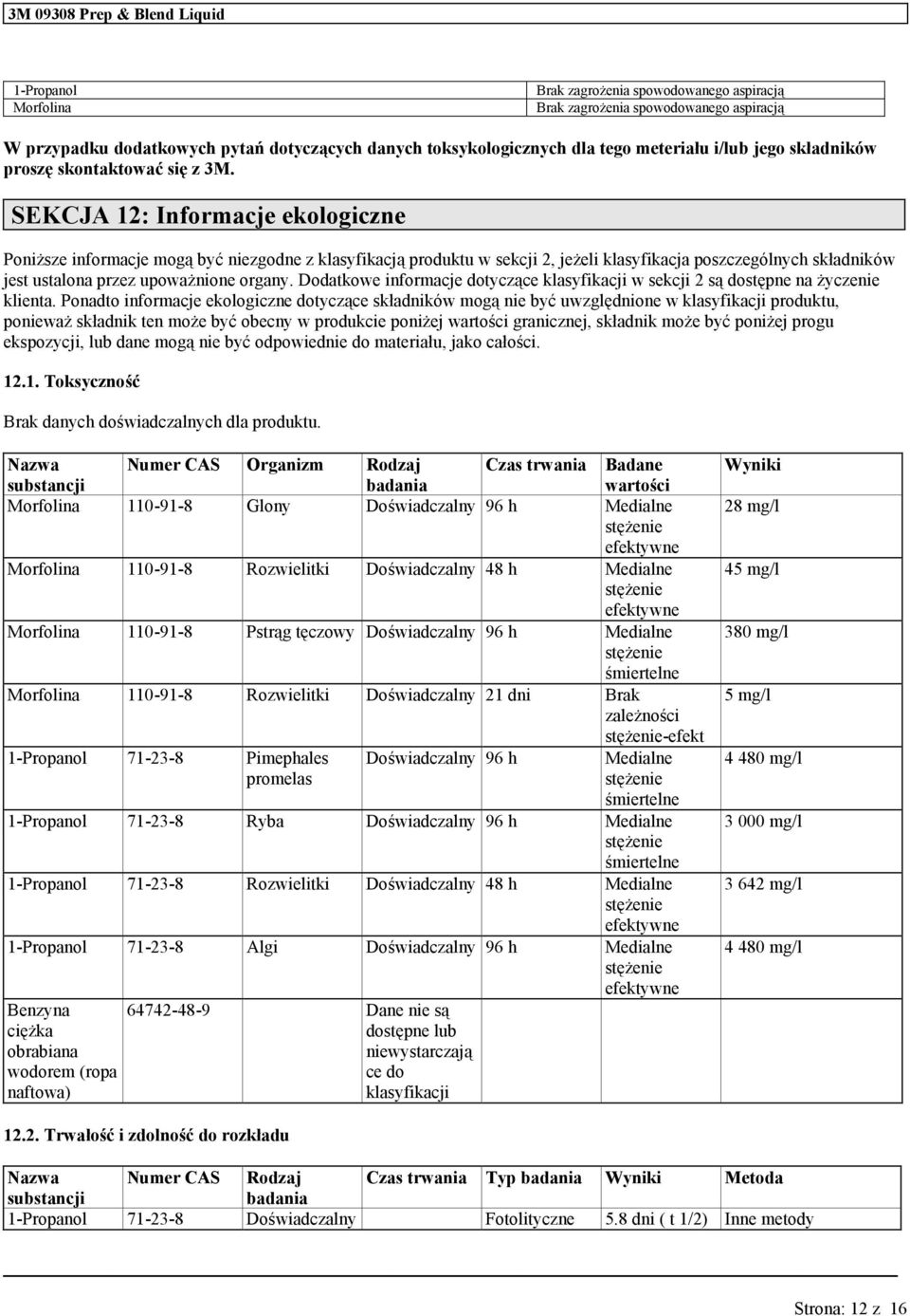 SEKCJA 12: Informacje ekologiczne Poniższe informacje mogą być niezgodne z klasyfikacją prodkt w sekcji 2, jeżeli klasyfikacja poszczególnych składników jest stalona przez poważnione organy.