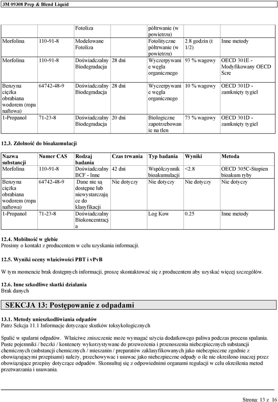 8 godzin (t 1/2) Inne metody 93 % wagowy OECD 301E - Modyfikowany OECD Scre Benzyna ciężka obrabiana wodorem (ropa naftowa) 64742-48-9 Doświadczalny Biodegradacja 71-23-8 Doświadczalny Biodegradacja