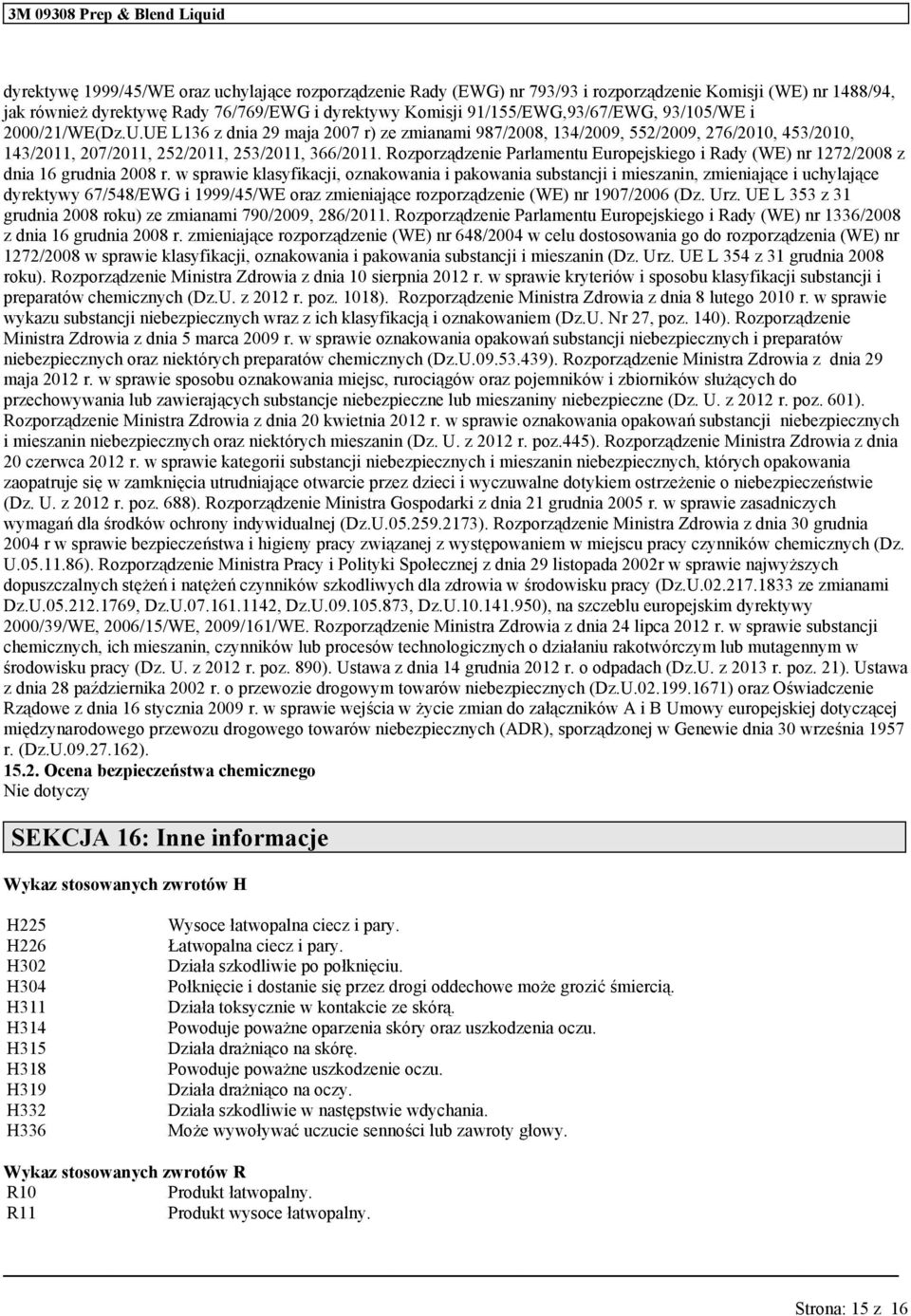 Rozporządzenie Parlament Eropejskiego i Rady (WE) nr 1272/2008 z dnia 16 grdnia 2008 r.