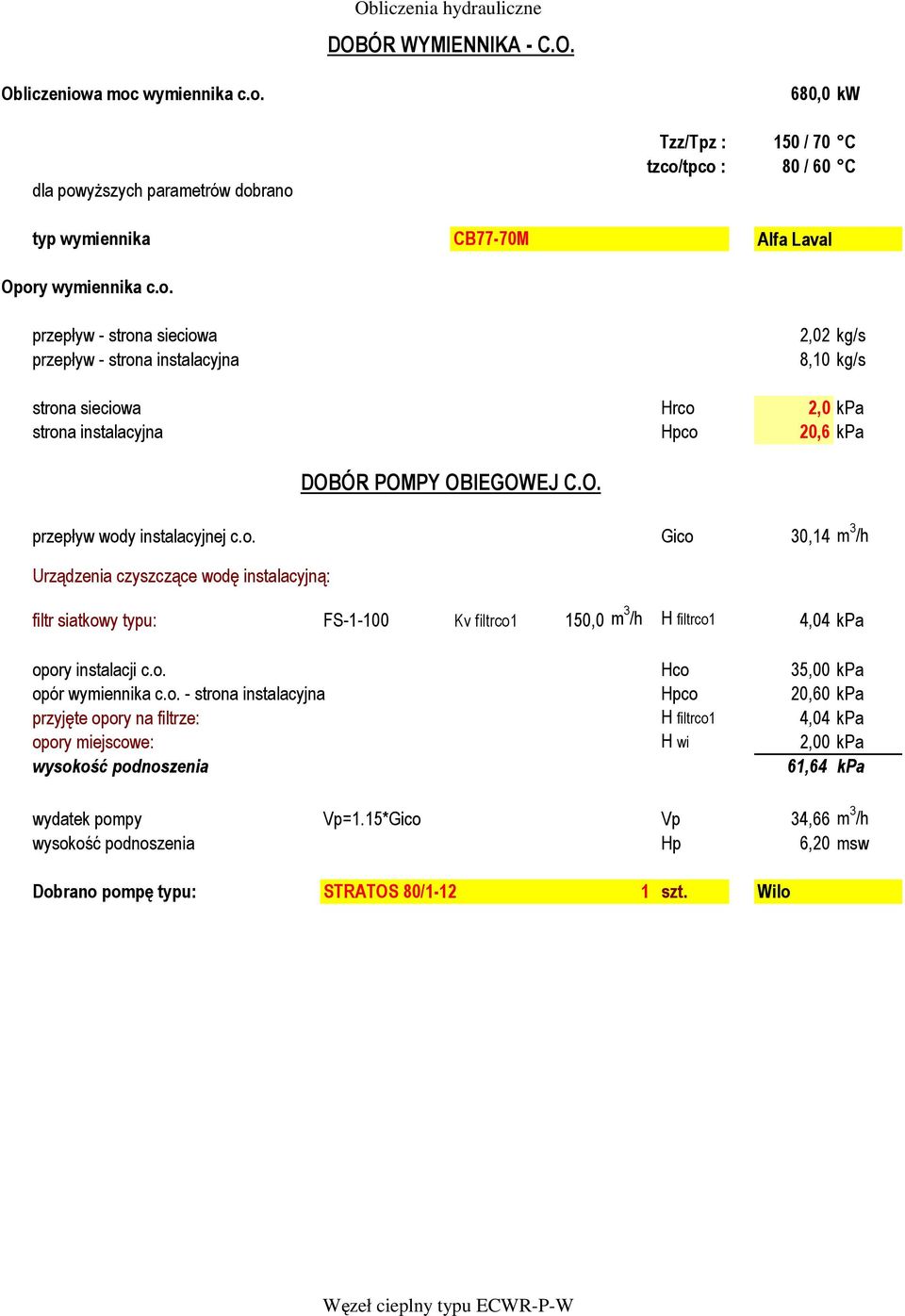 : 80 / 60 C Alfa Laval 2,02 kg/s 8,10 kg/s strona sieciowa Hrco 2,0 kpa strona instalacyjna Hpco 20,6 kpa przepływ wody instalacyjnej c.o. Gico 30,14 m 3 /h Urządzenia czyszczące wodę instalacyjną: DOBÓR POMPY OBIEGOWEJ C.