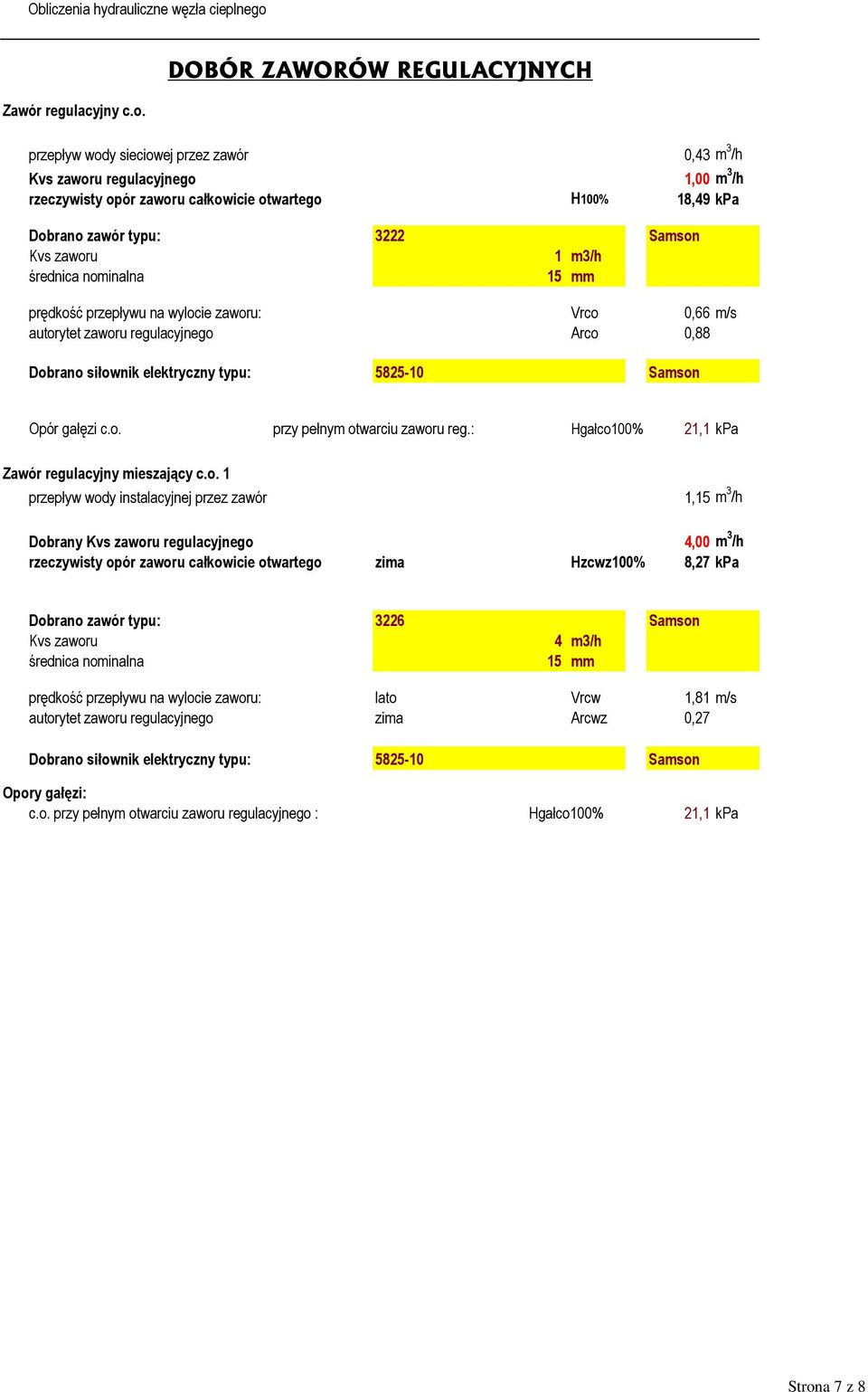 średnica nominalna 15 mm prędkość przepływu na wylocie zaworu: Vrco 0,66 m/s autorytet zaworu regulacyjnego Arco 0,88 Dobrano siłownik elektryczny typu: 5825-10 Samson Opór gałęzi c.o. przy pełnym otwarciu zaworu reg.