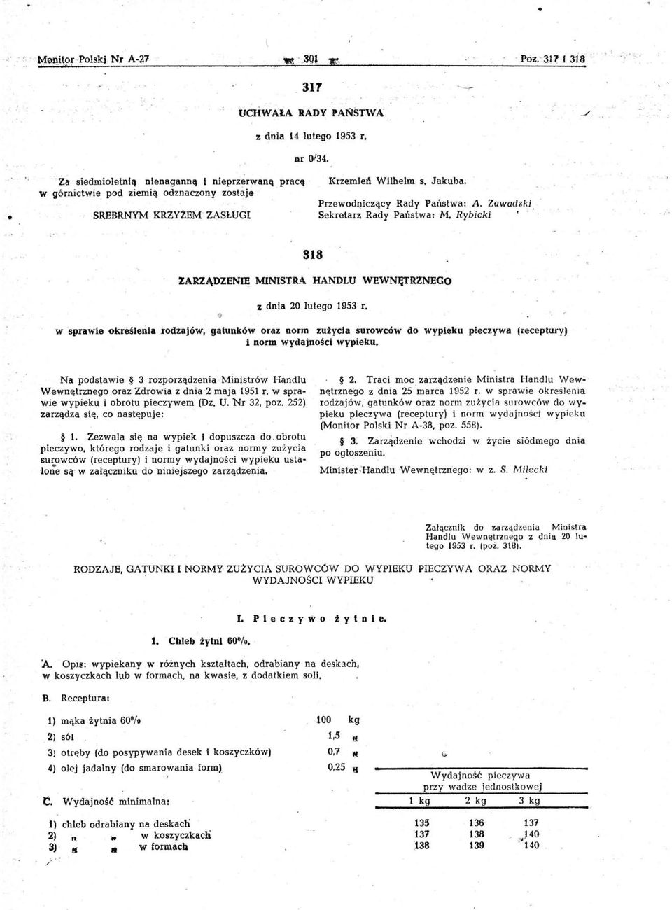 Zawadzki Sekretarz Rady Państwa: M. Rybicki. ; '. 318 ZARZĄDZENII! MINISTRA HANDLU WEWNĘTRZNEGO z dnia 0 lutego 1953 r.