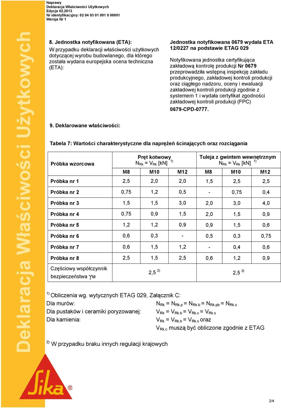 Deklarowane właściwości: Jednostka notyfikowana 0679 wydała ETA 12/0227 na podstawie ETAG 029 Notyfikowana jednostka certyfikująca zakładową kontrolę produkcji Nr 0679 przeprowadziła wstępną