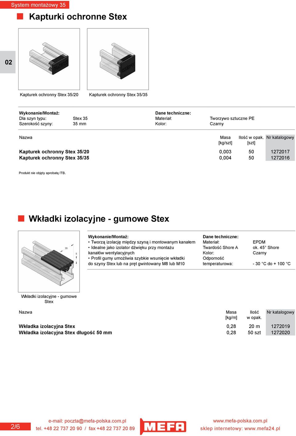 Wkładki izolacyjne - gumowe Stex Tworzą izolację między szyną i montowanym kanałem Materiał: EPDM Idealne jako izolator dźwięku przy montażu Twardość Shore A ok.