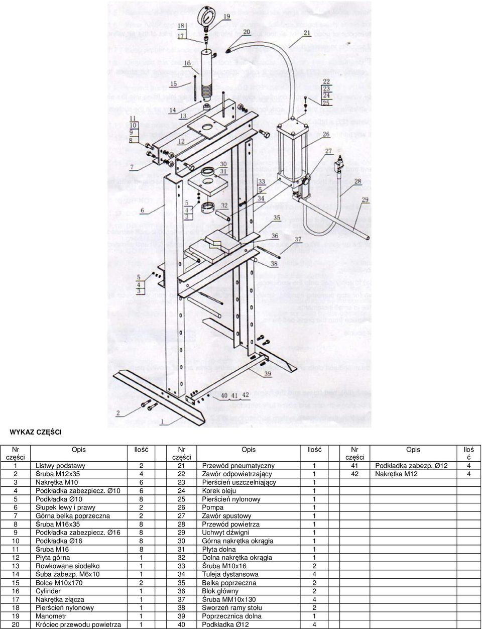 Ø10 6 24 Korek oleju 1 5 Podkładka Ø10 8 25 Pierścień nylonowy 1 6 Słupek lewy i prawy 2 26 Pompa 1 7 Górna belka poprzeczna 2 27 Zawór spustowy 1 8 Śruba M16x35 8 28 Przewód powietrza 1 9 Podkładka