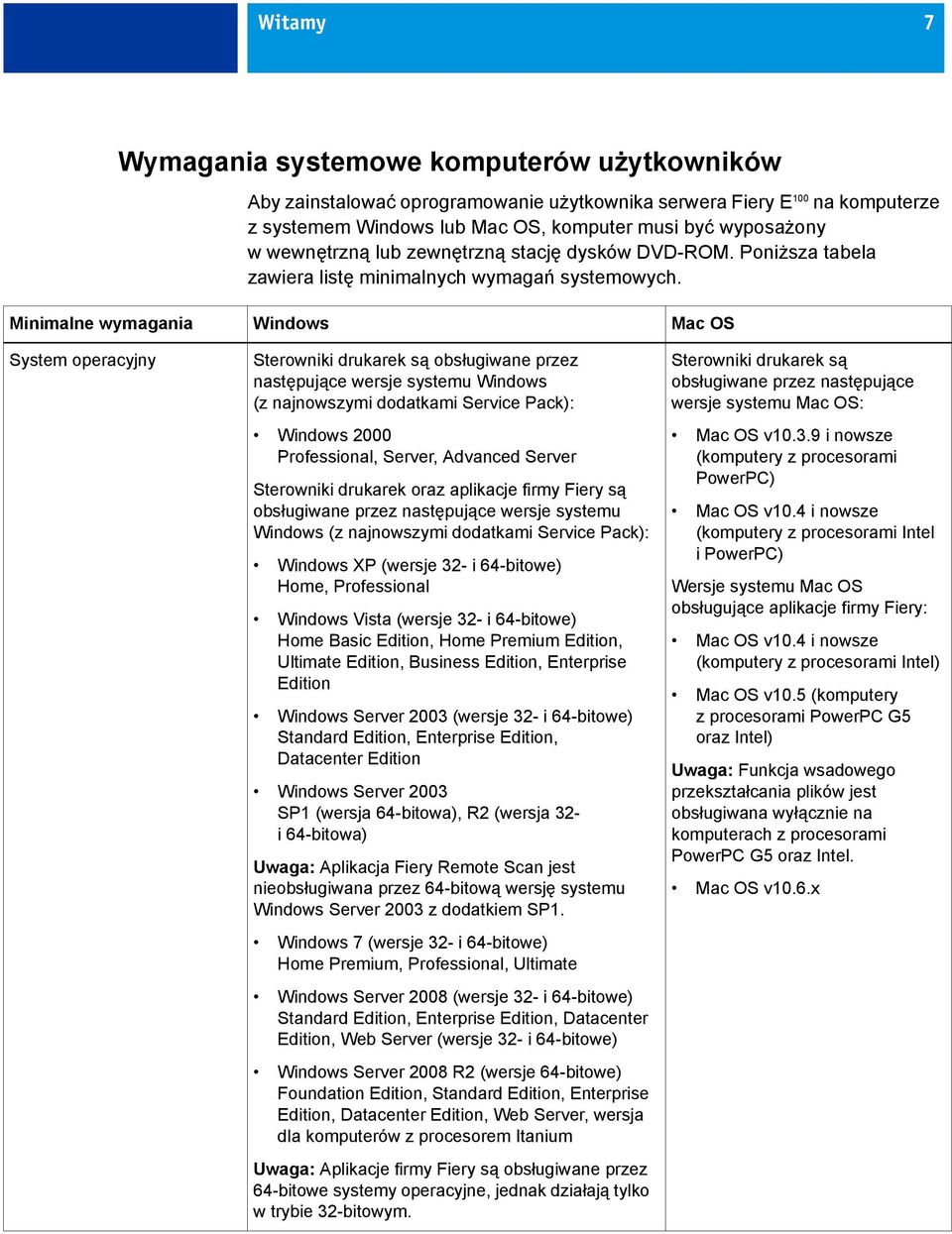 Minimalne wymagania Windows Mac OS System operacyjny Sterowniki drukarek są obsługiwane przez następujące wersje systemu Windows (z najnowszymi dodatkami Service Pack): Windows 2000 Professional,