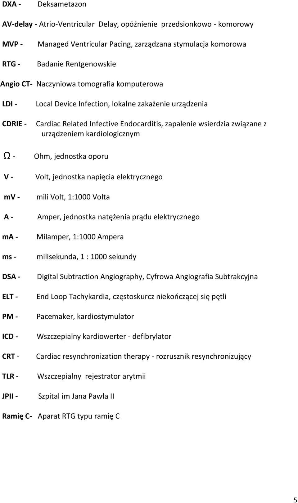 Endocarditis, zapalenie wsierdzia związane z urządzeniem kardiologicznym Ohm, jednostka oporu Volt, jednostka napięcia elektrycznego mili Volt, 1:1000 Volta Amper, jednostka natężenia prądu