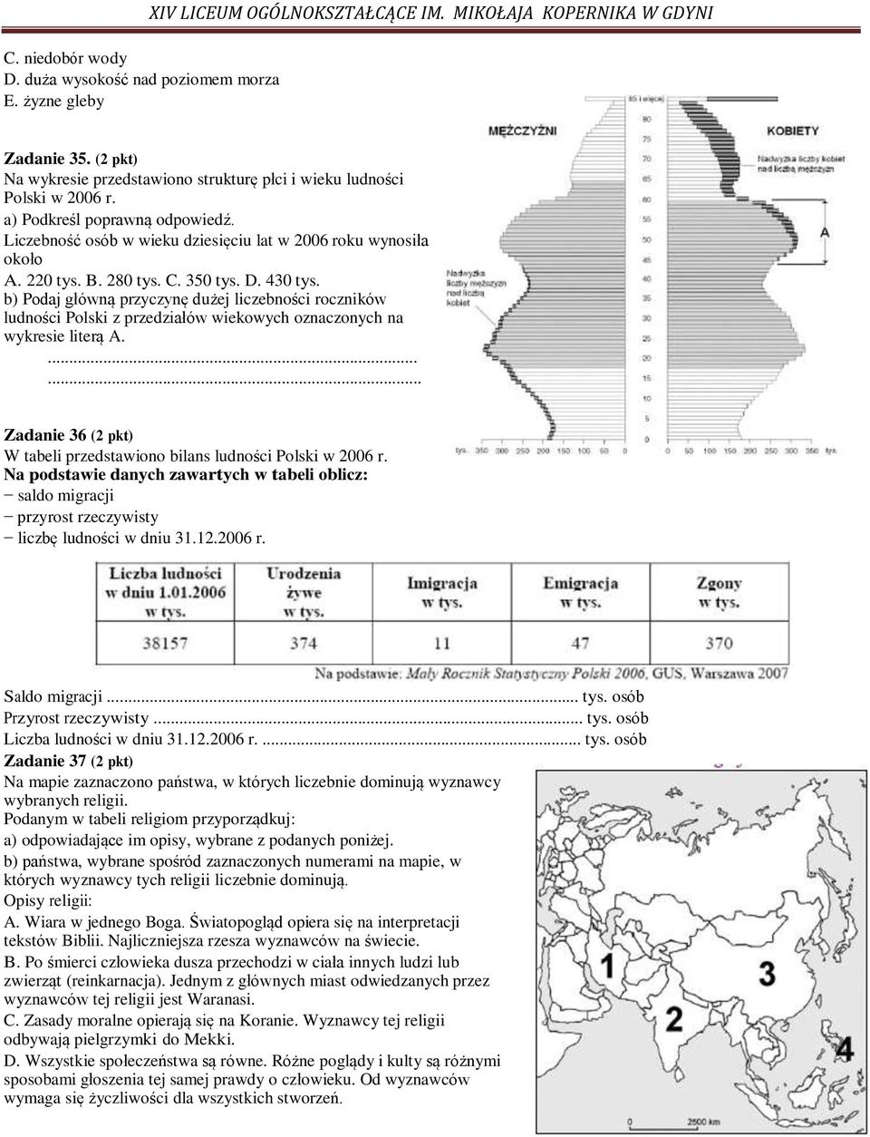 280 tys. C. 350 tys. D. 430 tys. b) Podaj główną przyczynę dużej liczebności roczników ludności Polski z przedziałów wiekowych oznaczonych na wykresie literą A.