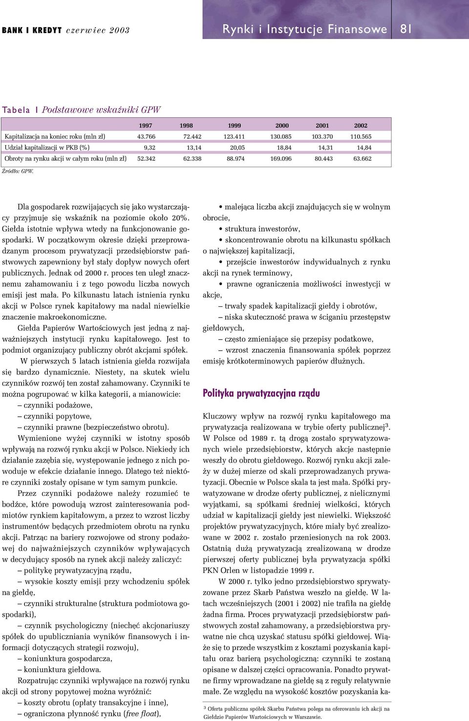 662 Dla gospodarek rozwijajàcych si jako wystarczajàcy przyjmuje si wskaênik na poziomie oko o 2%. Gie da istotnie wp ywa wtedy na funkcjonowanie gospodarki.