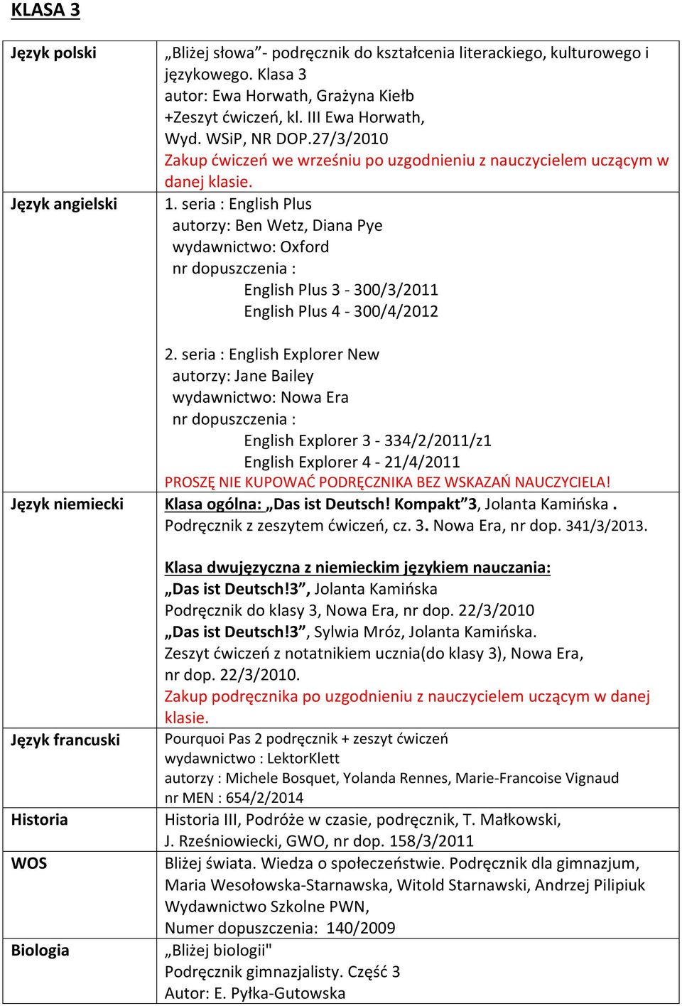 seria : English Plus autorzy: Ben Wetz, Diana Pye wydawnictwo: Oxford nr dopuszczenia : English Plus 3-300/3/2011 English Plus 4-300/4/2012 2.