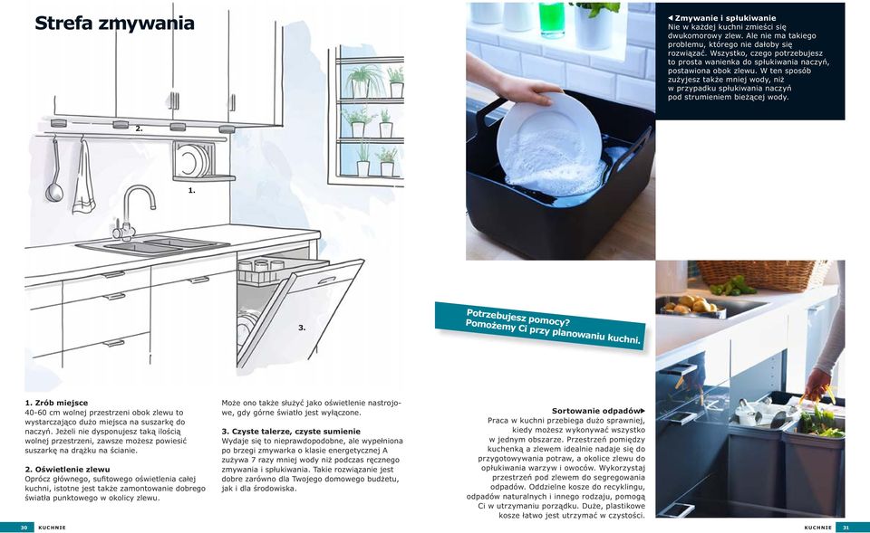 2. 1. 3. Potrzebujesz pomocy? Pomożemy Ci przy planowaniu kuchni. 1. Zrób miejsce 40-60 cm wolnej przestrzeni obok zlewu to wystarczająco dużo miejsca na suszarkę do naczyń.