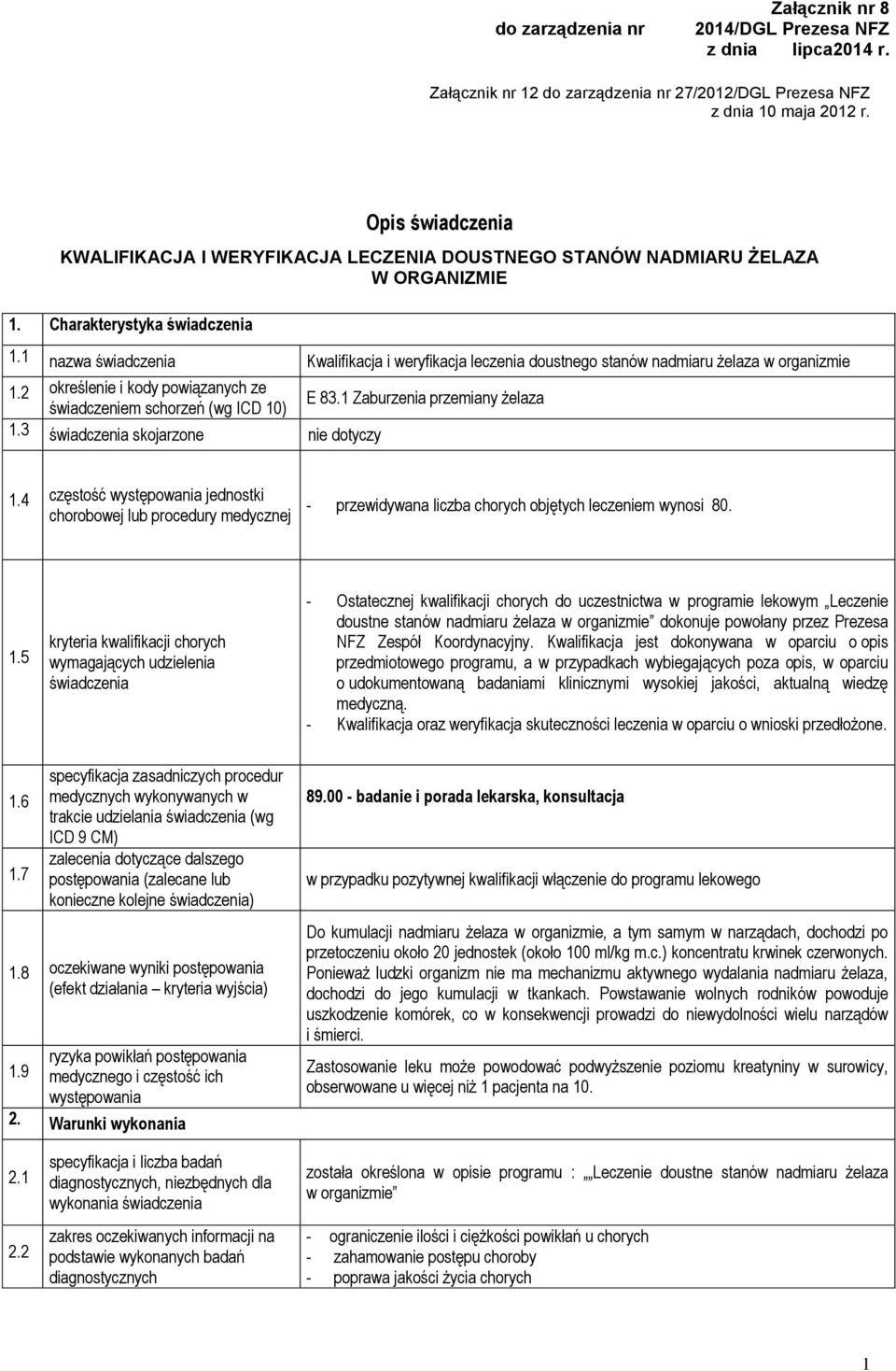 1 Zaburzenia przemiany żelaza świadczeniem schorzeń (wg ICD 10) 1.3 świadczenia skojarzone nie dotyczy 1.