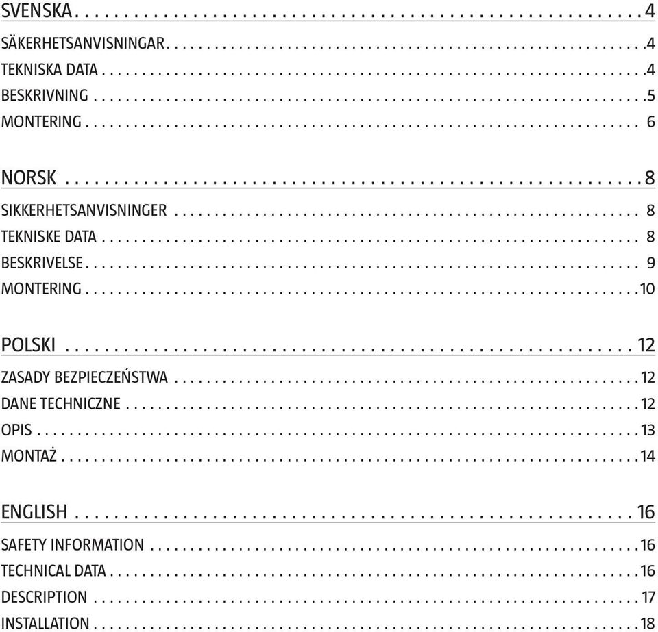 POLSKI 12 ZASADY BEZPIECZEŃSTWA 12 DANE TECHNICZNE 12 OPIS 13 MONTAŻ 14