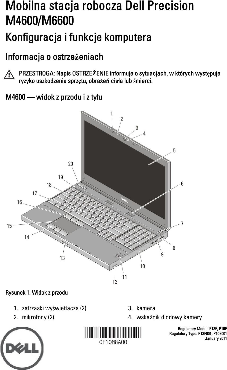 ciała lub śmierci. M4600 widok z przodu i z tyłu Rysunek 1. Widok z przodu 1. zatrzaski wyświetlacza (2) 2.