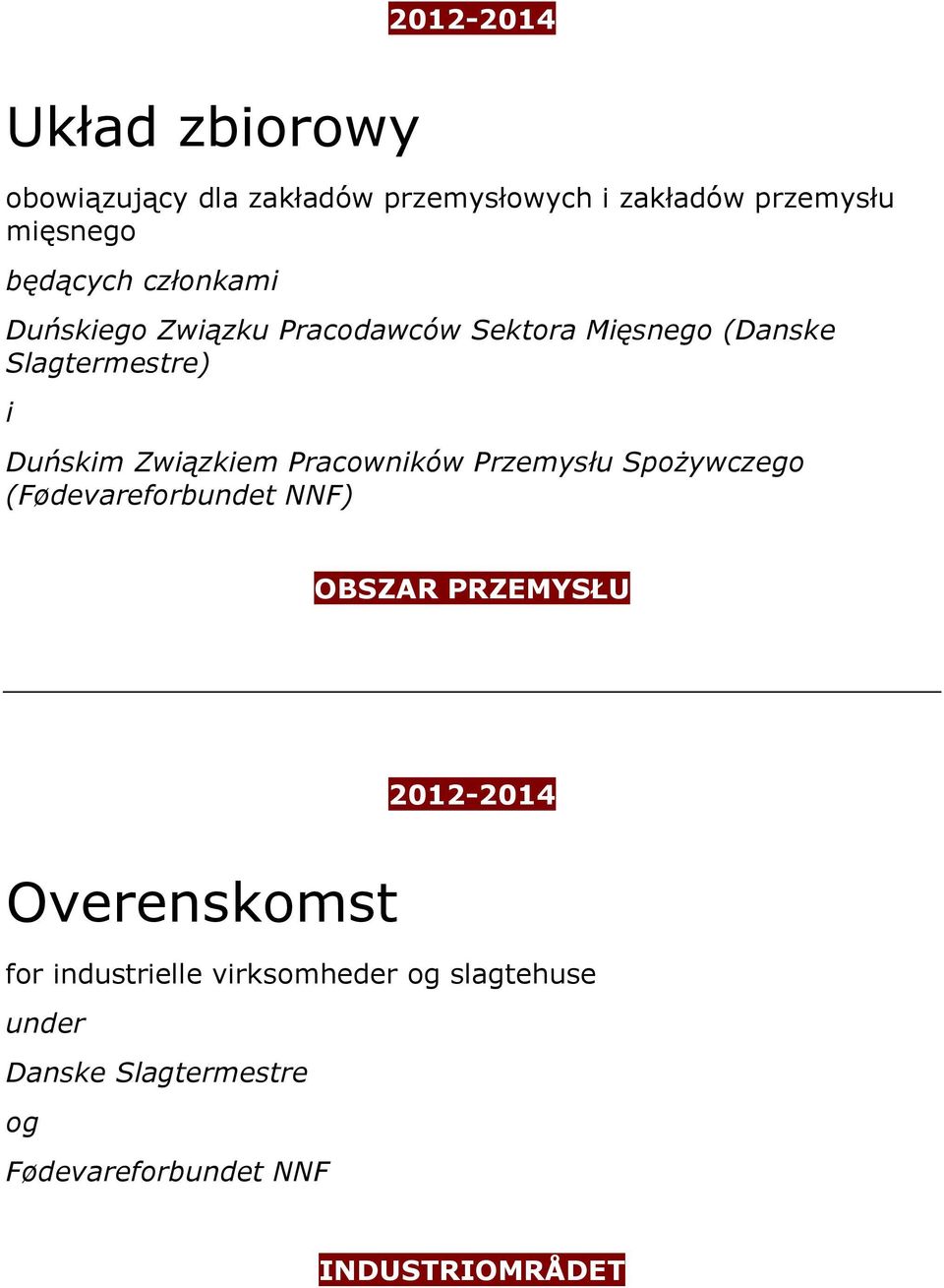 Pracowników Przemysłu Spożywczego (Fødevareforbundet NNF) OBSZAR PRZEMYSŁU 2012-2014 Overenskomst for