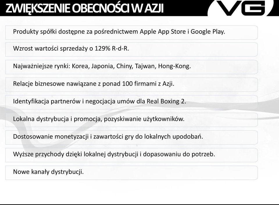 Relacje biznesowe nawiązane z ponad 100 firmami z Azji. Identyfikacja partnerów i negocjacja umów dla Real Boxing 2.