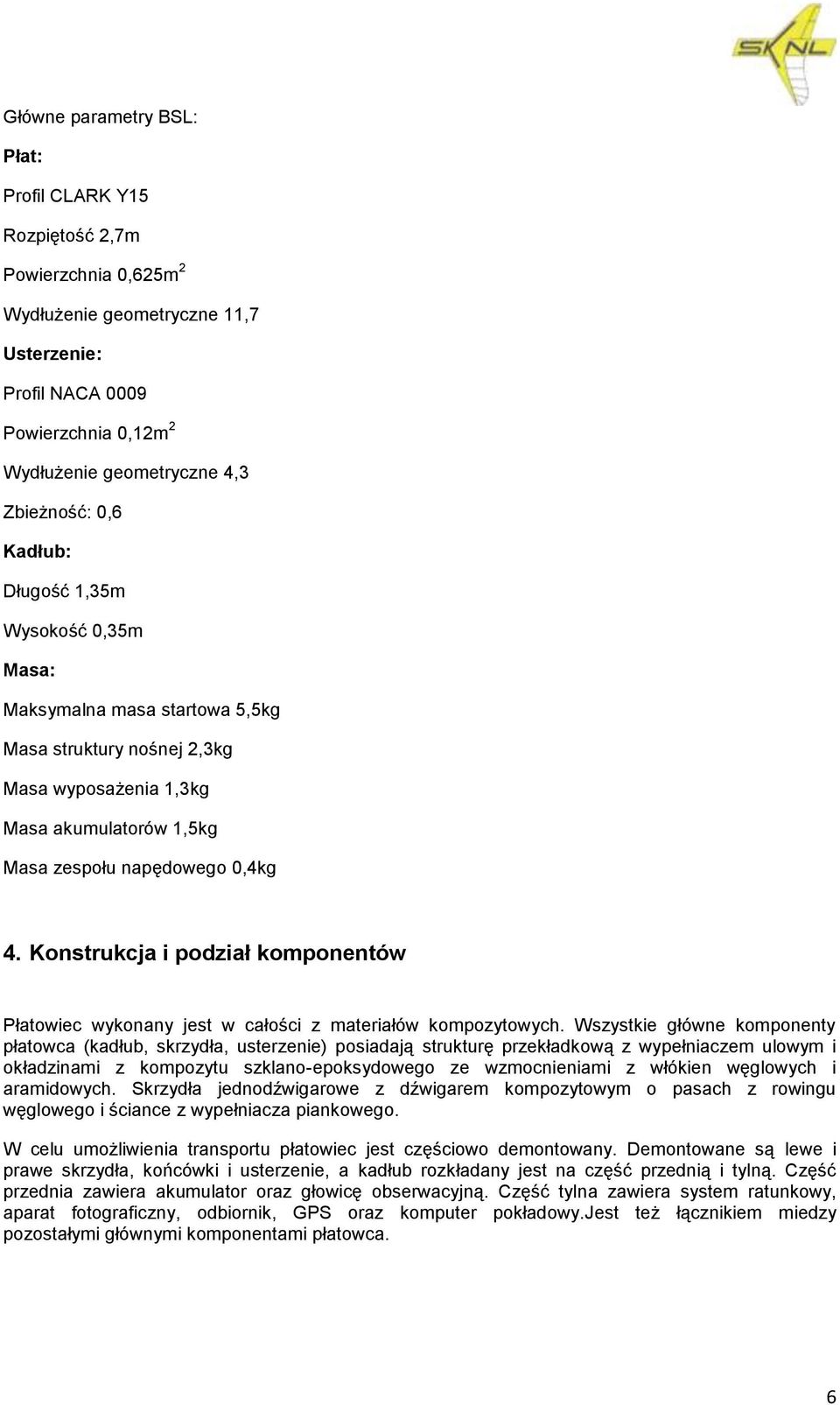 Konstrukcja i podział komponentów Płatowiec wykonany jest w całości z materiałów kompozytowych.