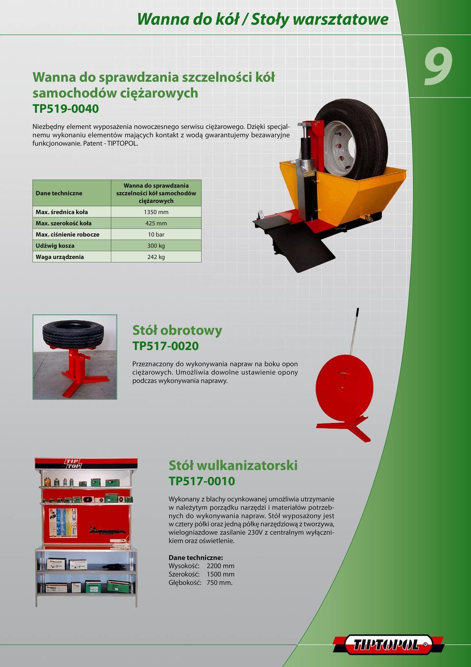 ciśnienie robocze Udźwig kosza Waga urządzenia Wanna do sprawdzania szczelności kół samochodów ciężarowych 1350 mm 425 mm 10 bar 300 kg 242 kg Stół obrotowy TP517-0020 Przeznaczony do wykonywania