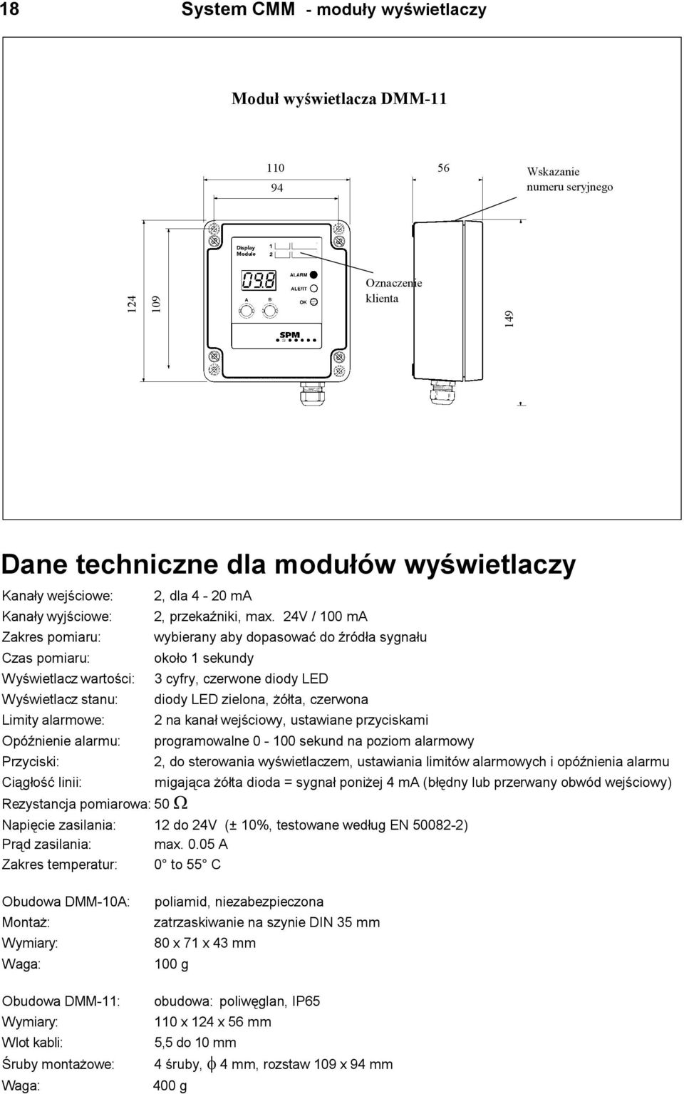 24V / 100 ma wybierany aby dopasowaæ do Ÿród³a sygna³u oko³o 1 sekundy 3 cyfry, czerwone diody LED diody LED zielona, ó³ta, czerwona 2 na kana³ wejœciowy, ustawiane przyciskami OpóŸnienie alarmu: