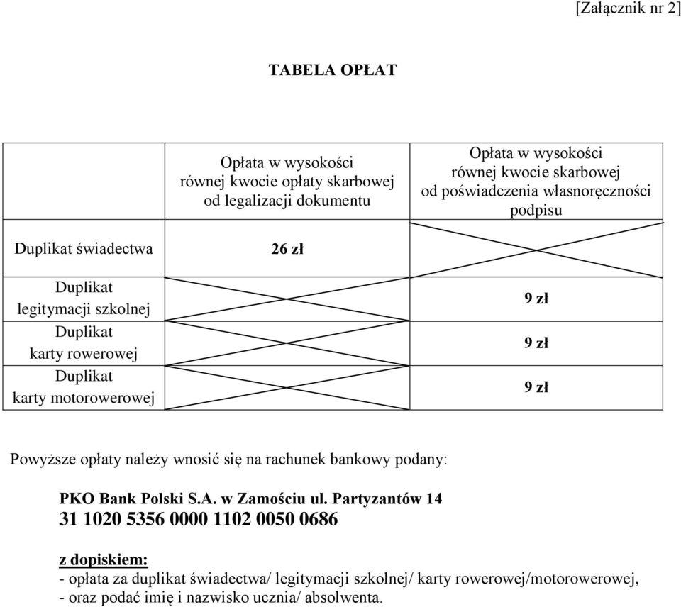 zł 9 zł 9 zł Powyższe opłaty należy wnosić się na rachunek bankowy podany: PKO Bank Polski S.A. w Zamościu ul.