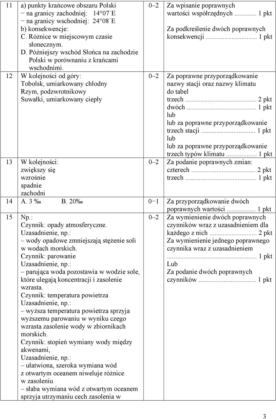 12 W kolejności od góry: Tobolsk, umiarkowany chłodny Rzym, podzwrotnikowy Suwałki, umiarkowany ciepły 13 W kolejności: zwiększy się wzrośnie spadnie zachodni 0 2 Za wpisanie poprawnych wartości