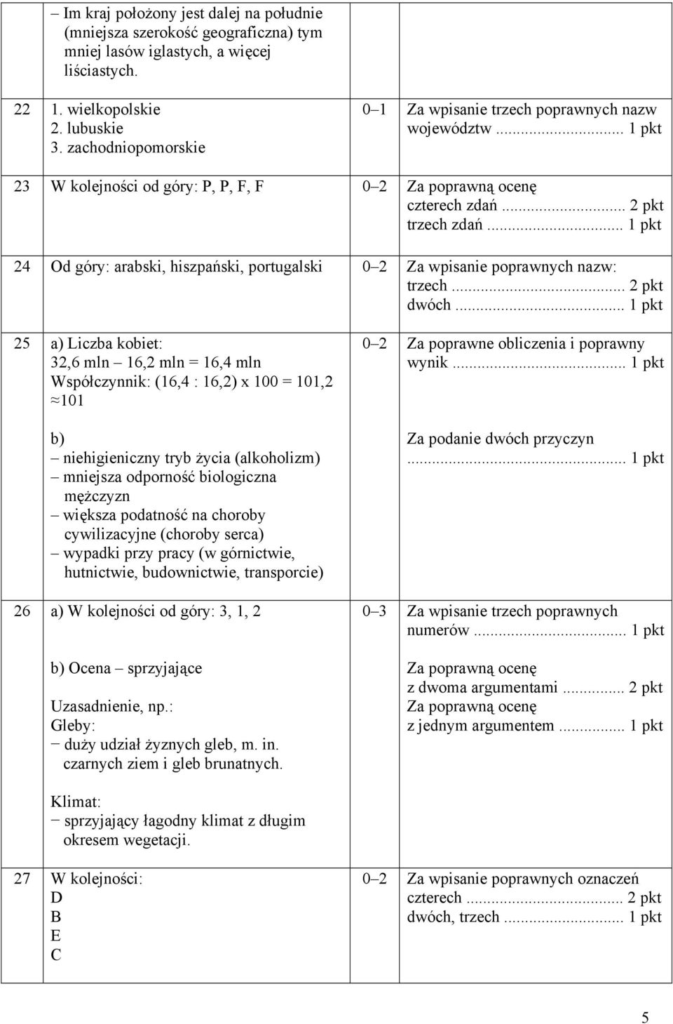 .. 1 pkt 24 Od góry: arabski, hiszpański, portugalski 0 2 Za wpisanie poprawnych nazw: 25 a) Liczba kobiet: 32,6 mln 16,2 mln = 16,4 mln Współczynnik: (16,4 : 16,2) x 100 = 101,2 101 b)