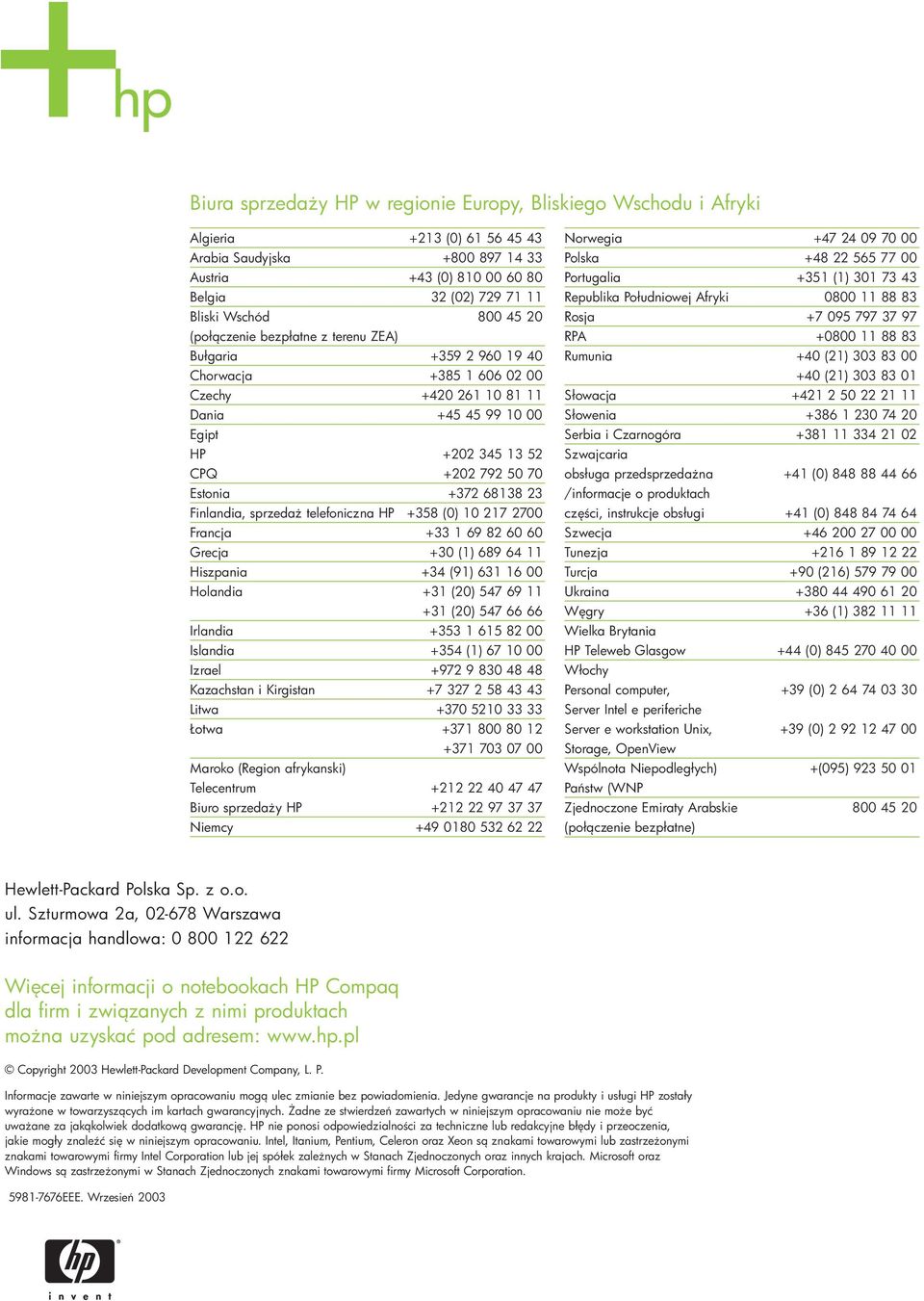 68138 23 Finlandia, sprzeda telefoniczna HP +358 (0) 10 217 2700 Francja +33 1 69 82 60 60 Grecja +30 (1) 689 64 11 Hiszpania +34 (91) 631 16 00 Holandia +31 (20) 547 69 11 +31 (20) 547 66 66