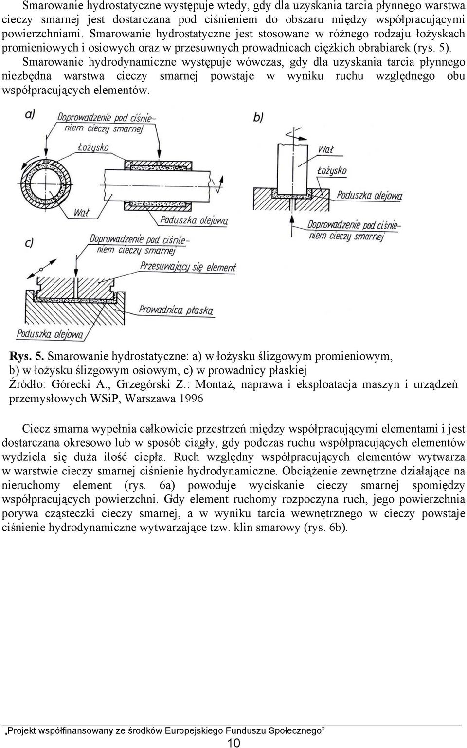 Smarowanie hydrodynamiczne występuje wówczas, gdy dla uzyskania tarcia płynnego niezbędna warstwa cieczy smarnej powstaje w wyniku ruchu względnego obu współpracujących elementów. Rys. 5.